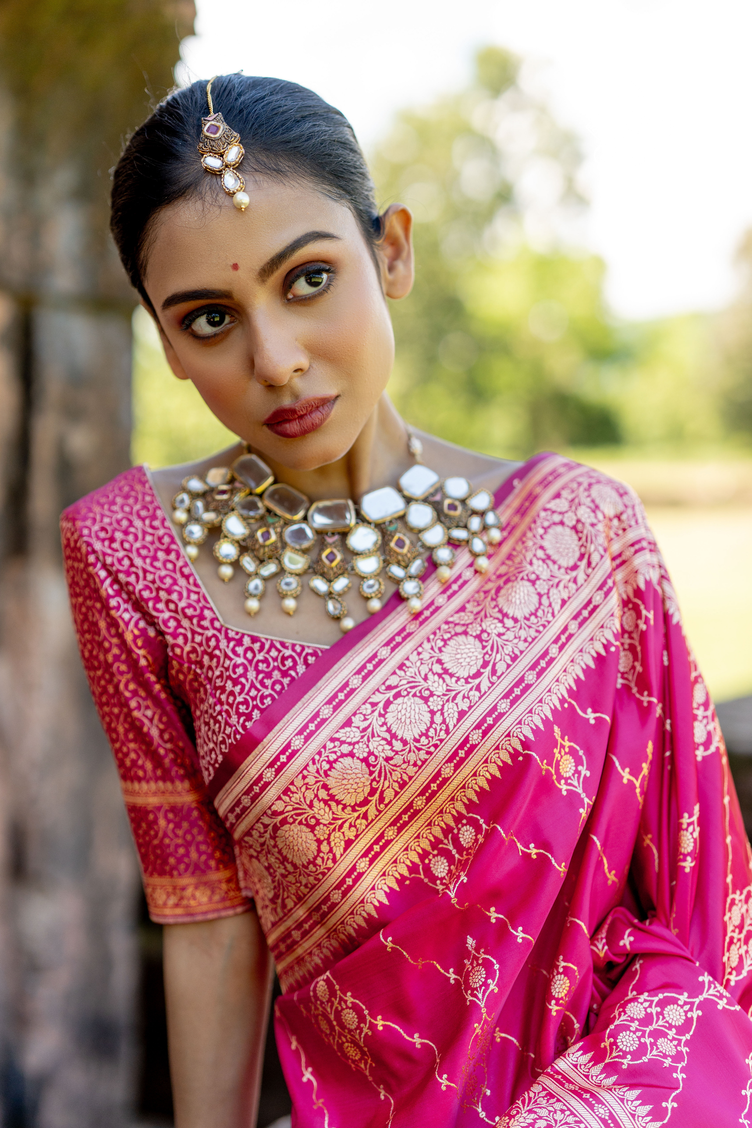 Rani pink Satin Silk Leheriya Banarasi Saree