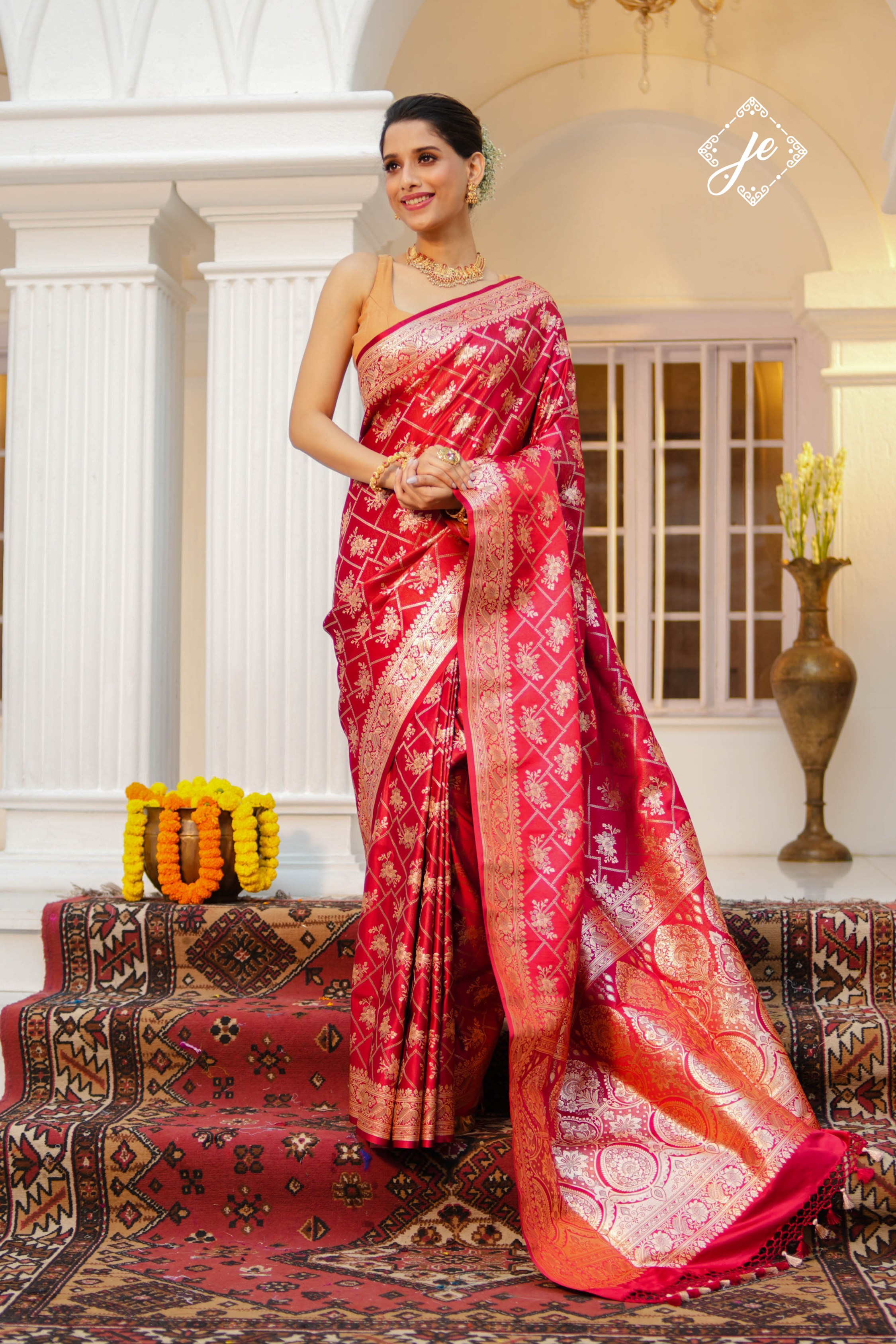 Red Satin Tissue Silk Jaal Banarasi Saree