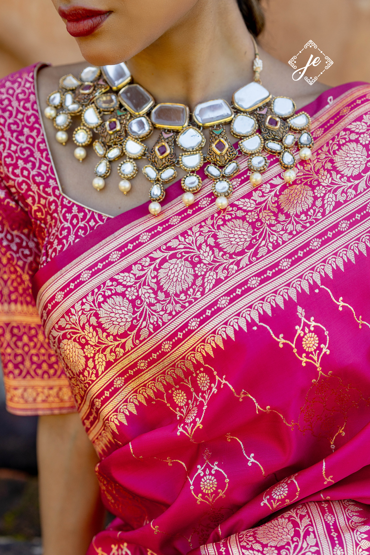 Rani pink Satin Silk Leheriya Banarasi Saree