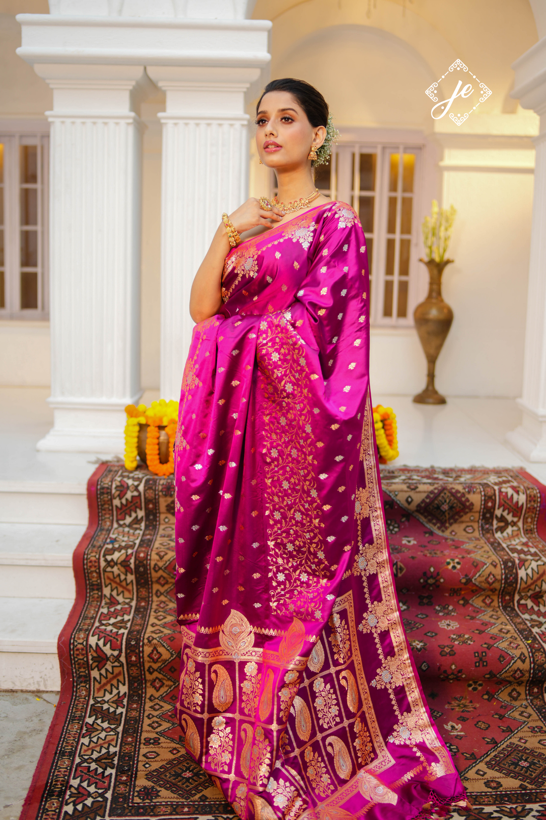 Magenta Satin Silk Buti Banarasi Saree
