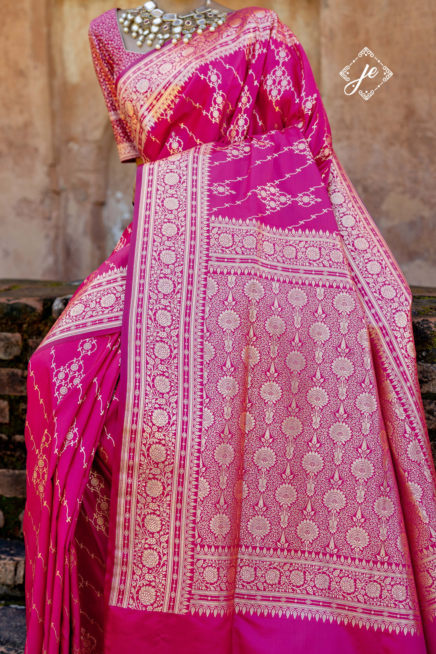 Rani pink Satin Silk Leheriya Banarasi Saree