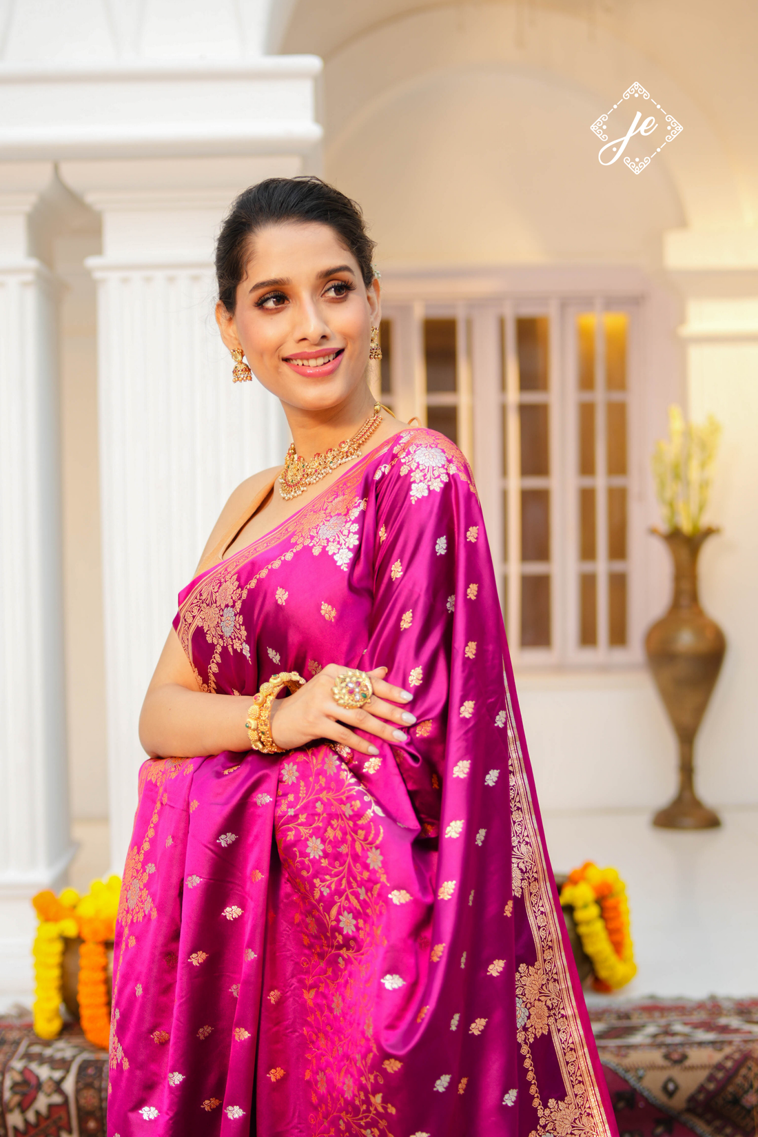 Magenta Satin Silk Buti Banarasi Saree
