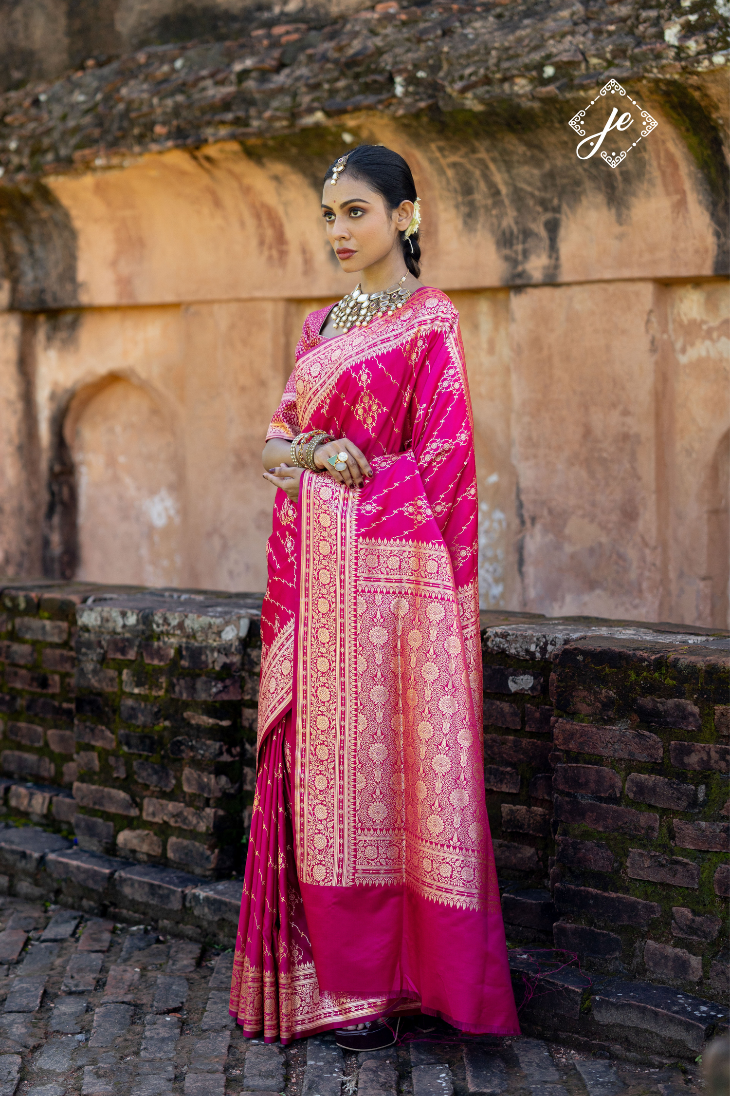 Rani pink Satin Silk Leheriya Banarasi Saree