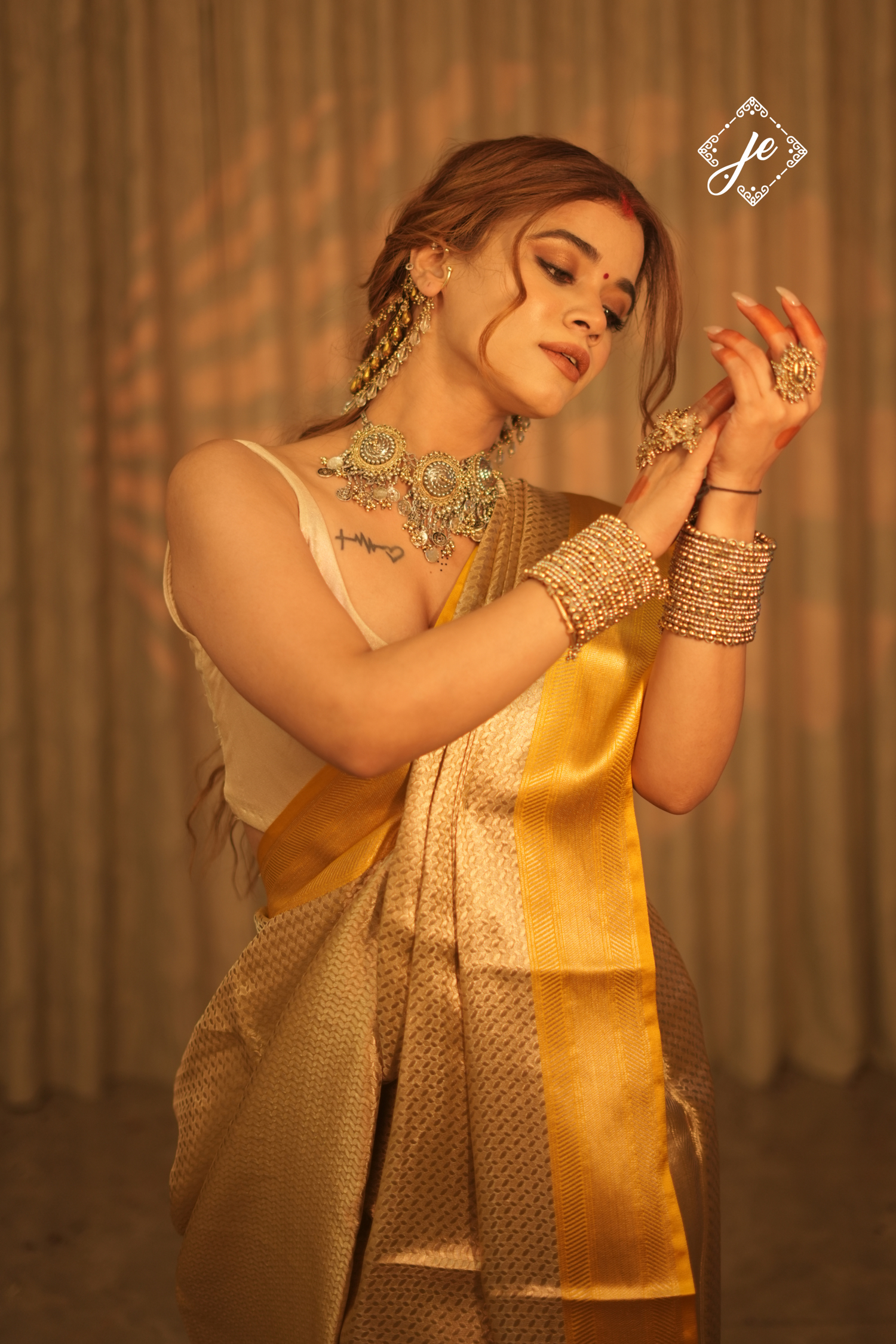 Beige Tissue Silk with Yellow Border Banarasi Saree