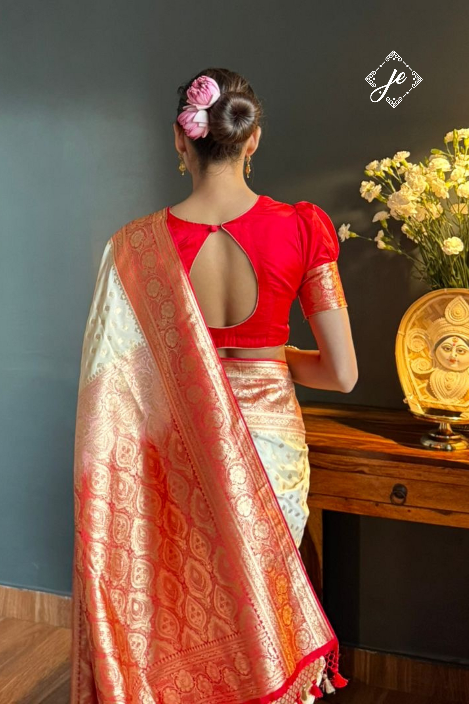 Off-White Satin Silk with Red Border Buti Banarasi Saree