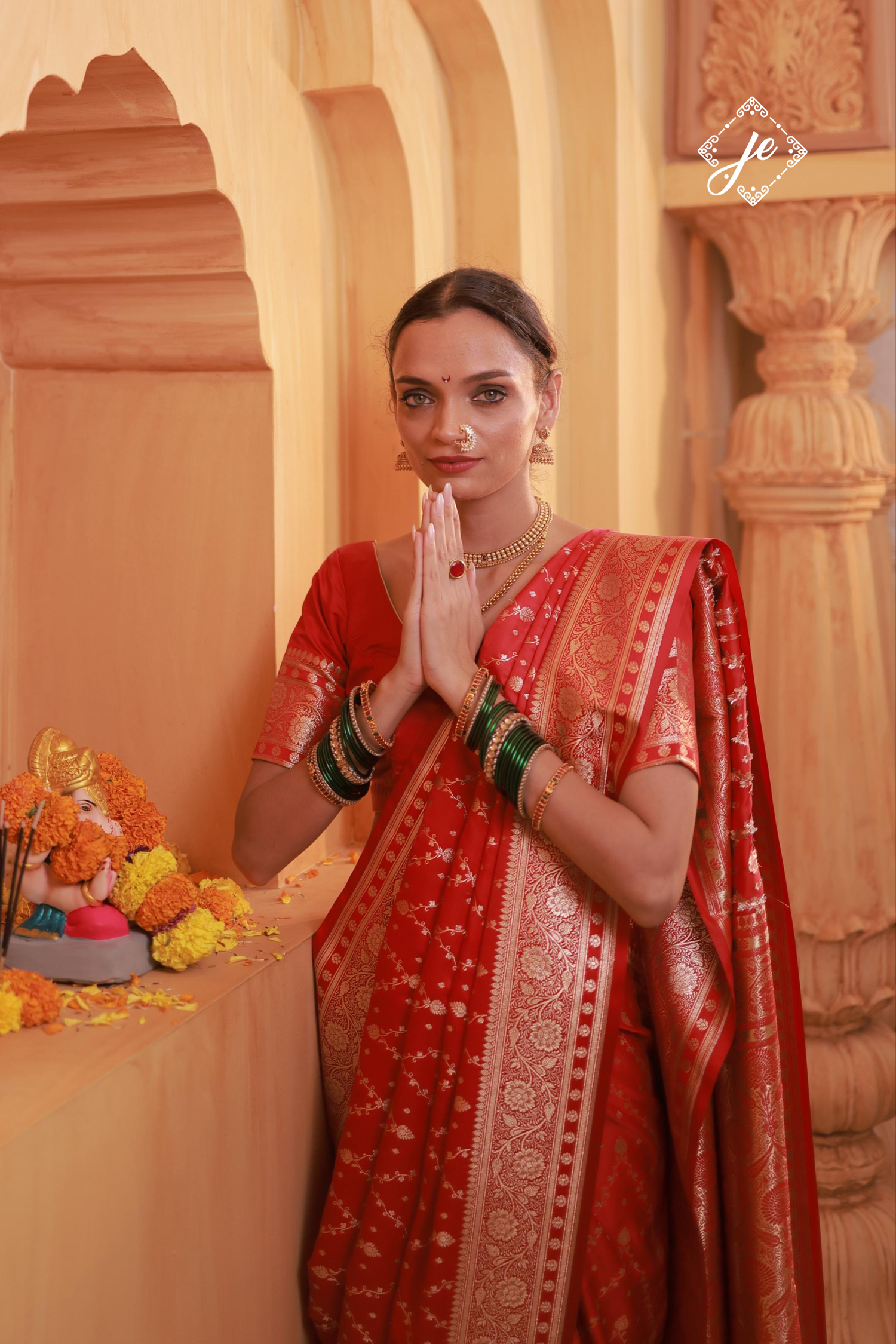 Red Satin Silk Chevron Banarasi Saree