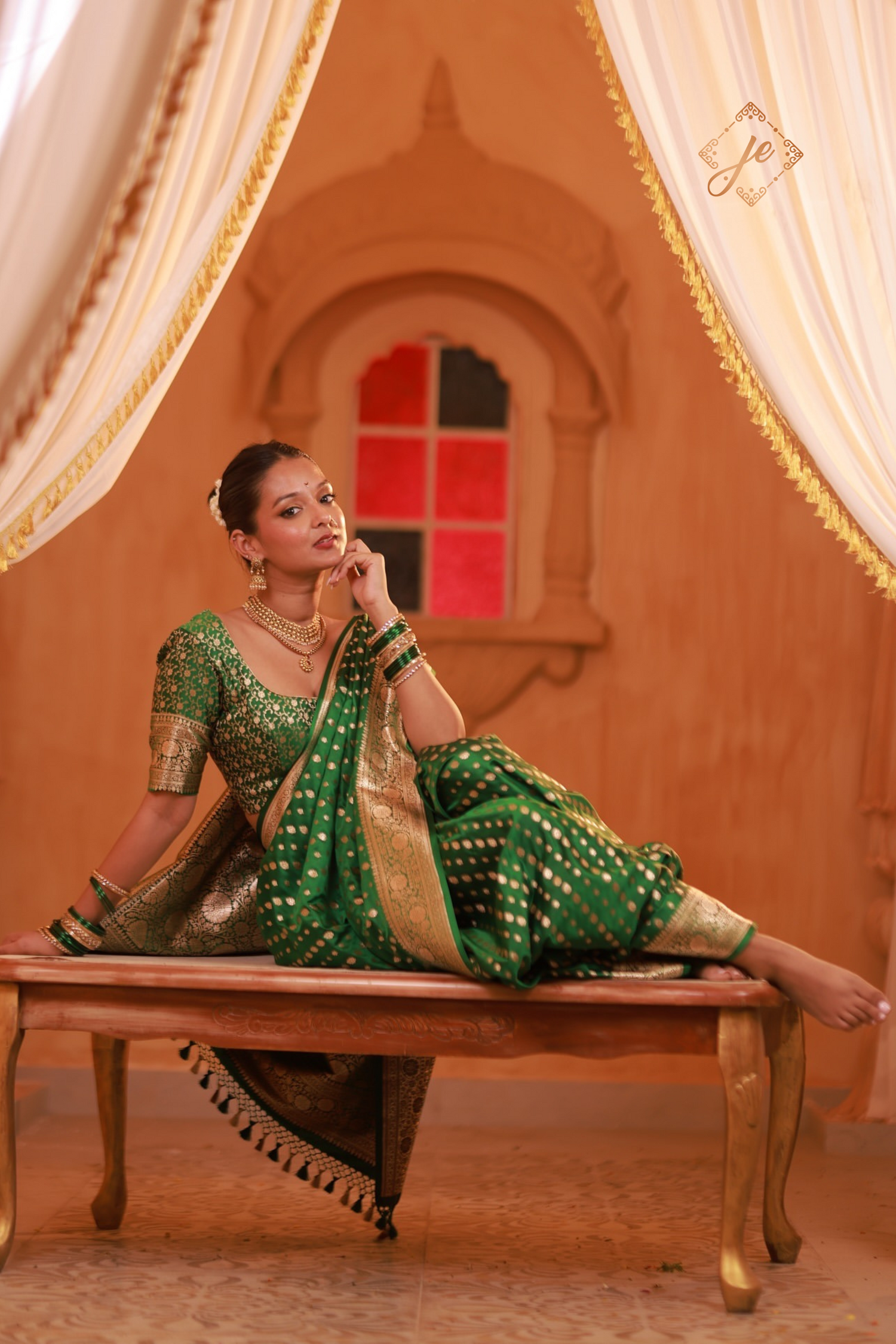 Green Satin Silk Leheriya Buti Banarasi Saree