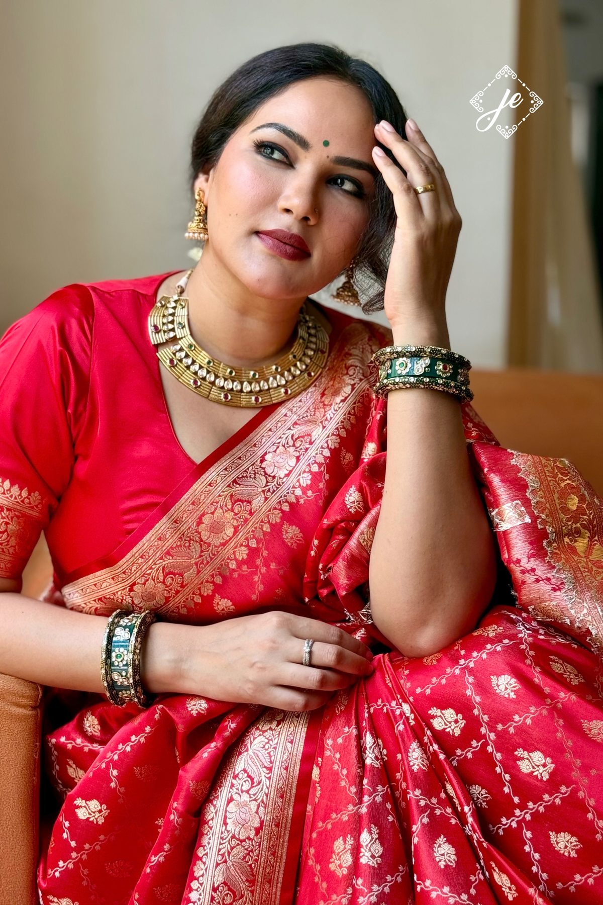 Red Satin Tissue Silk Jaal Banarasi Saree