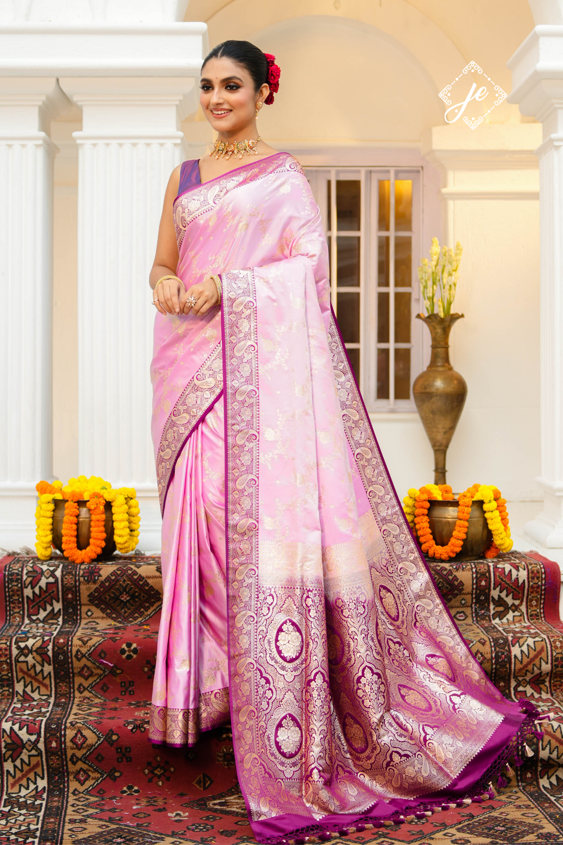 Pink Satin Silk with Contrast Purple Border Banarasi Saree