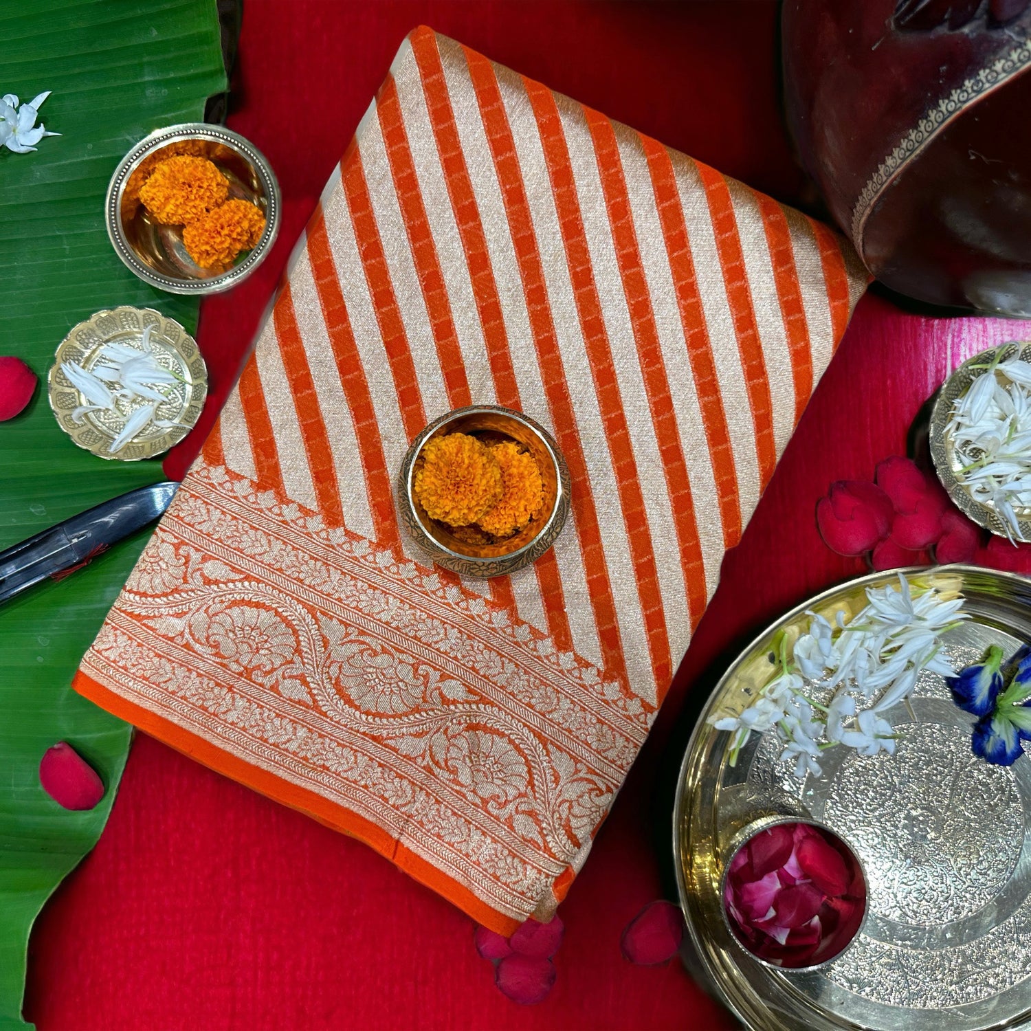 Mehndi Green Pure Khaddi Leheriya Banarasi Saree