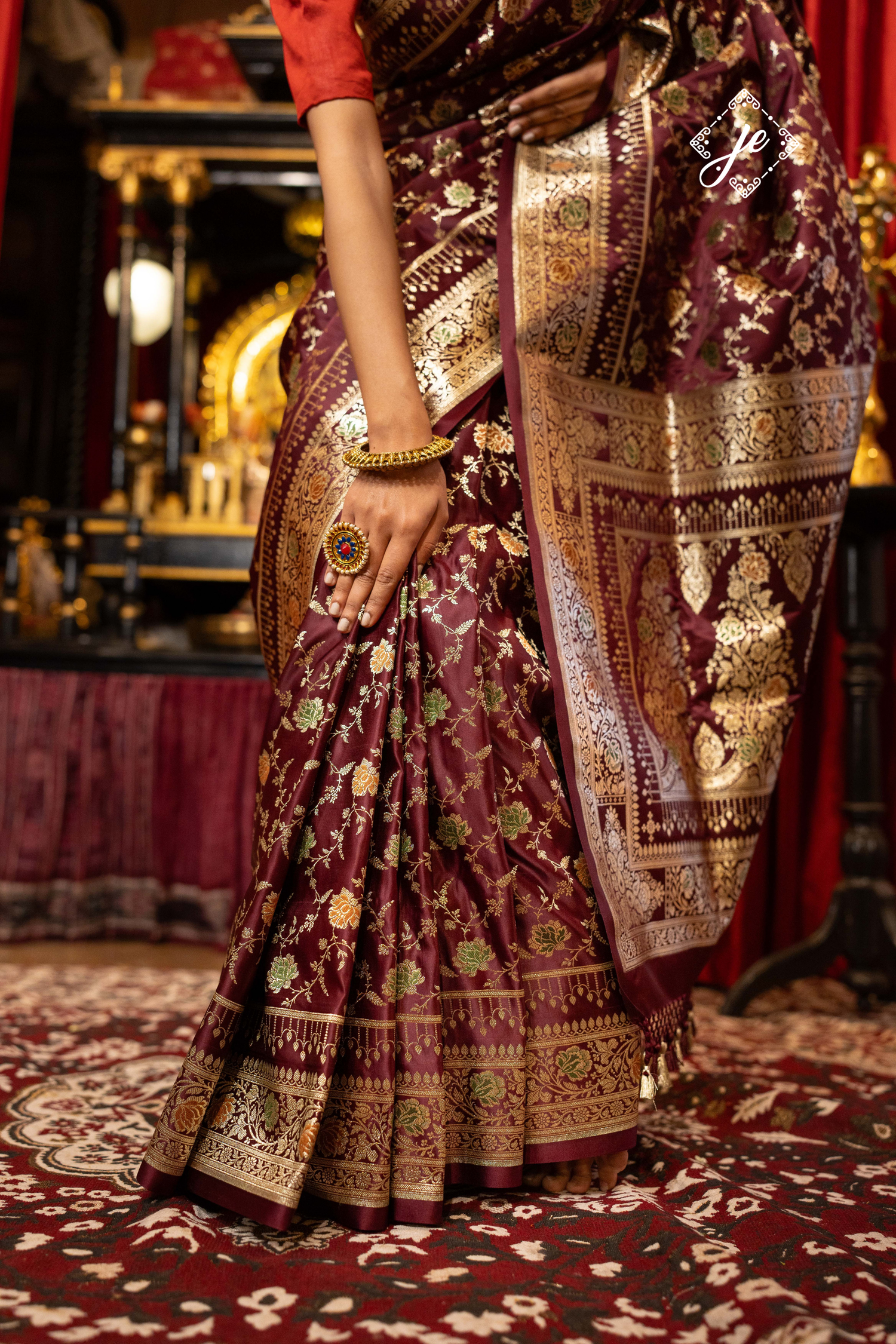 Deep Maroon Satin Silk Jaal Banarasi Saree