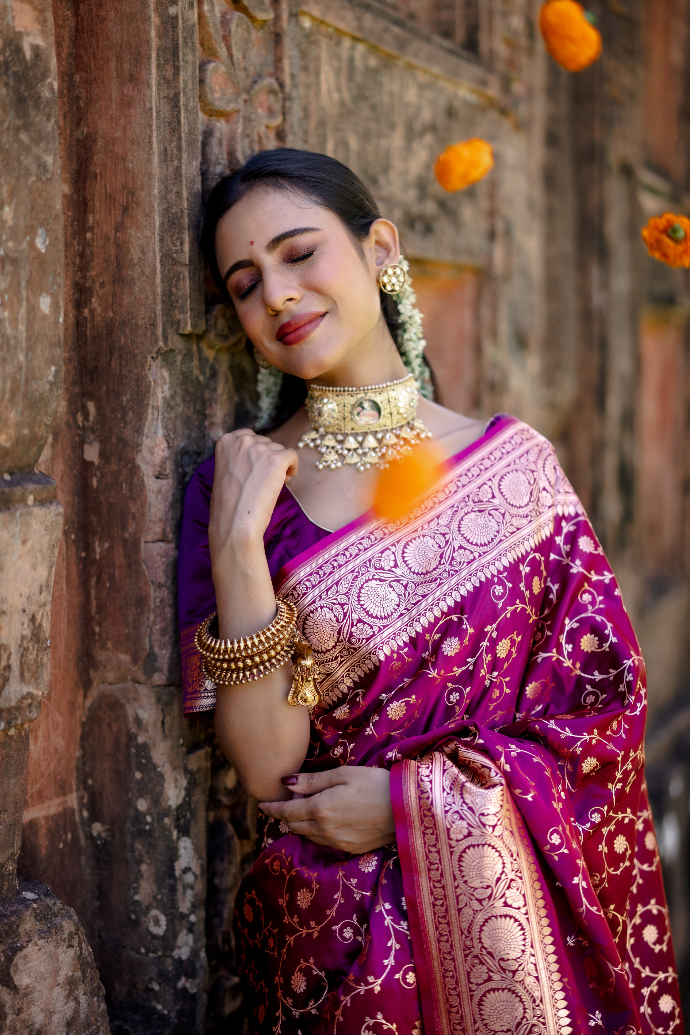 Purple Satin Silk Jaal Banarasi Saree