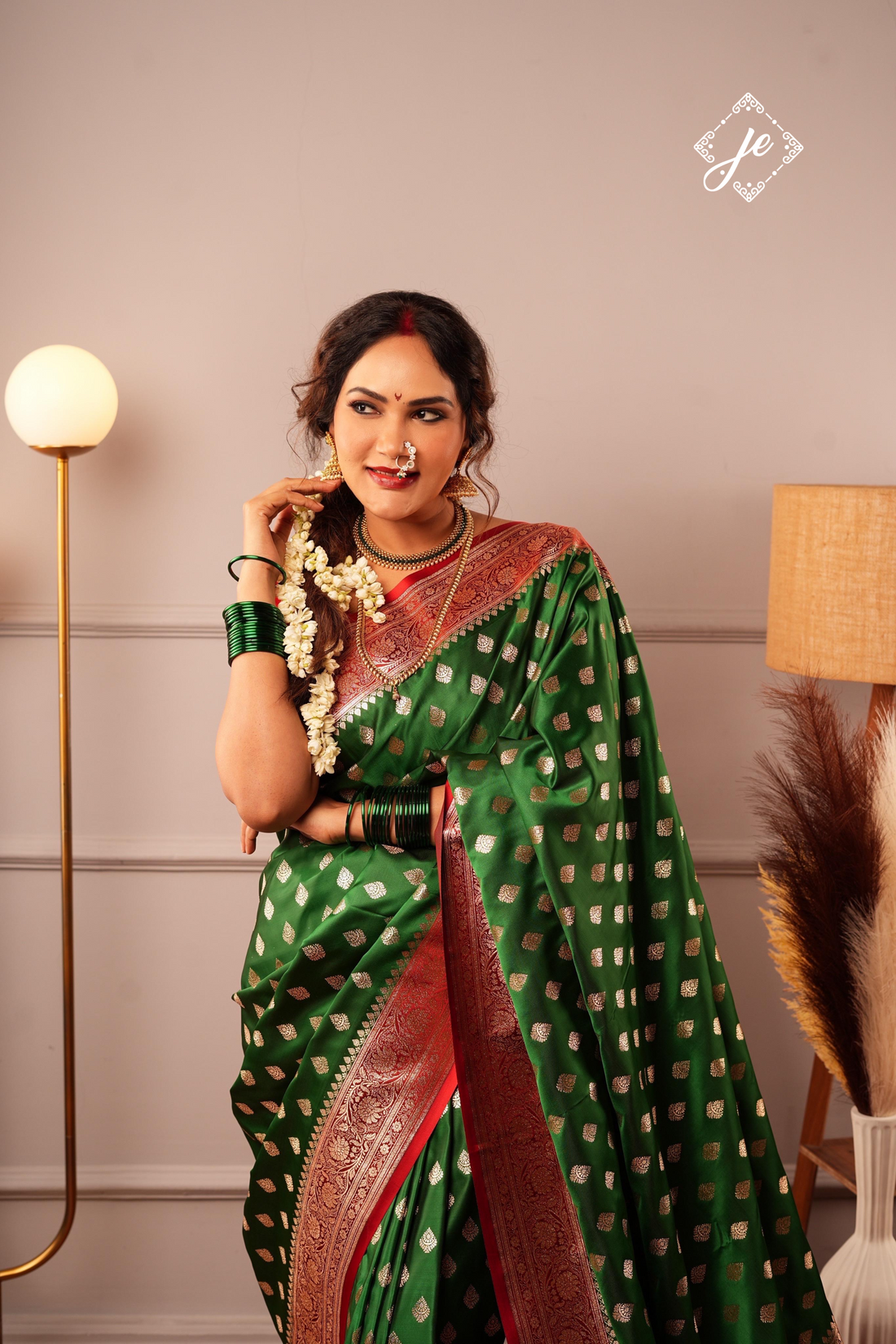 Bottle Green Satin Silk with Contrast Red Border Banarasi Saree