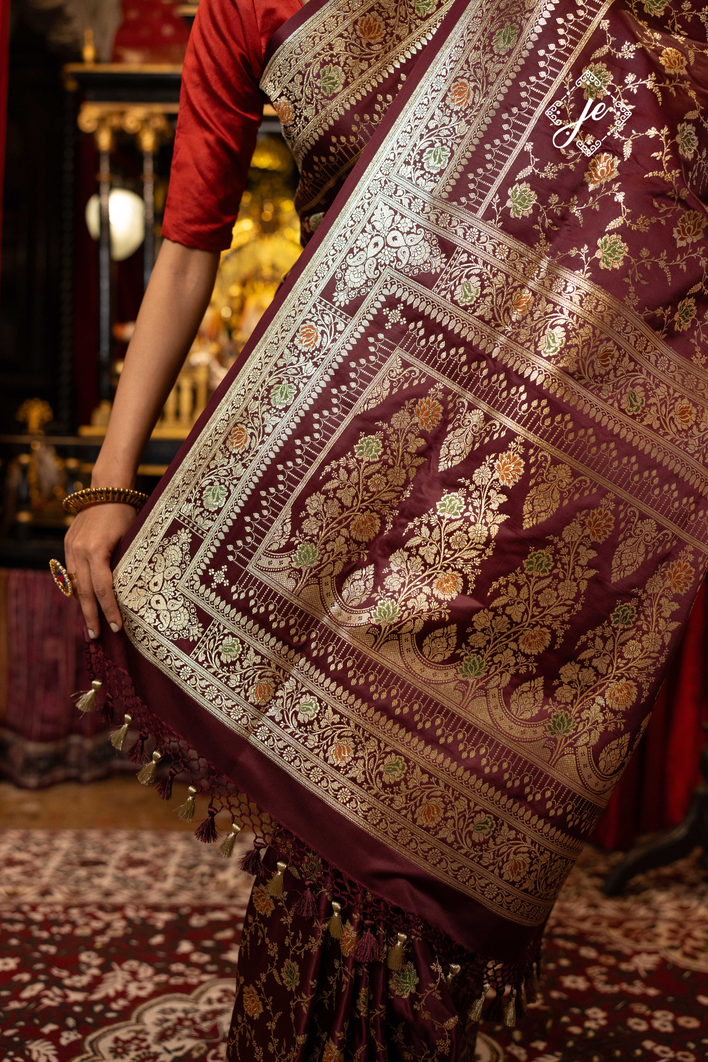 Deep Maroon Satin Silk Jaal Banarasi Saree