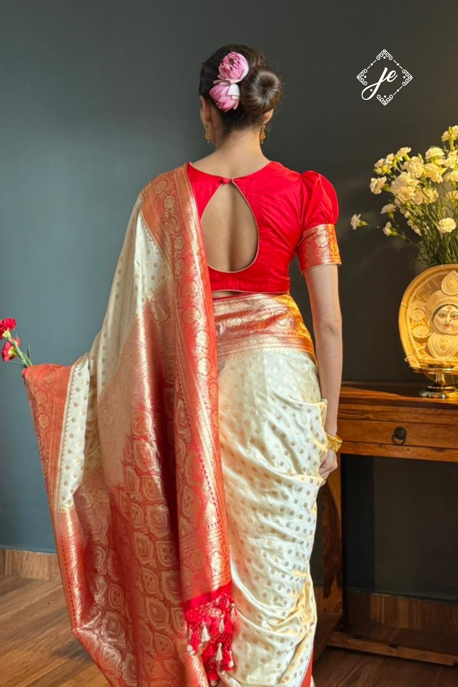 Off-White Satin Silk with Red Border Buti Banarasi Saree
