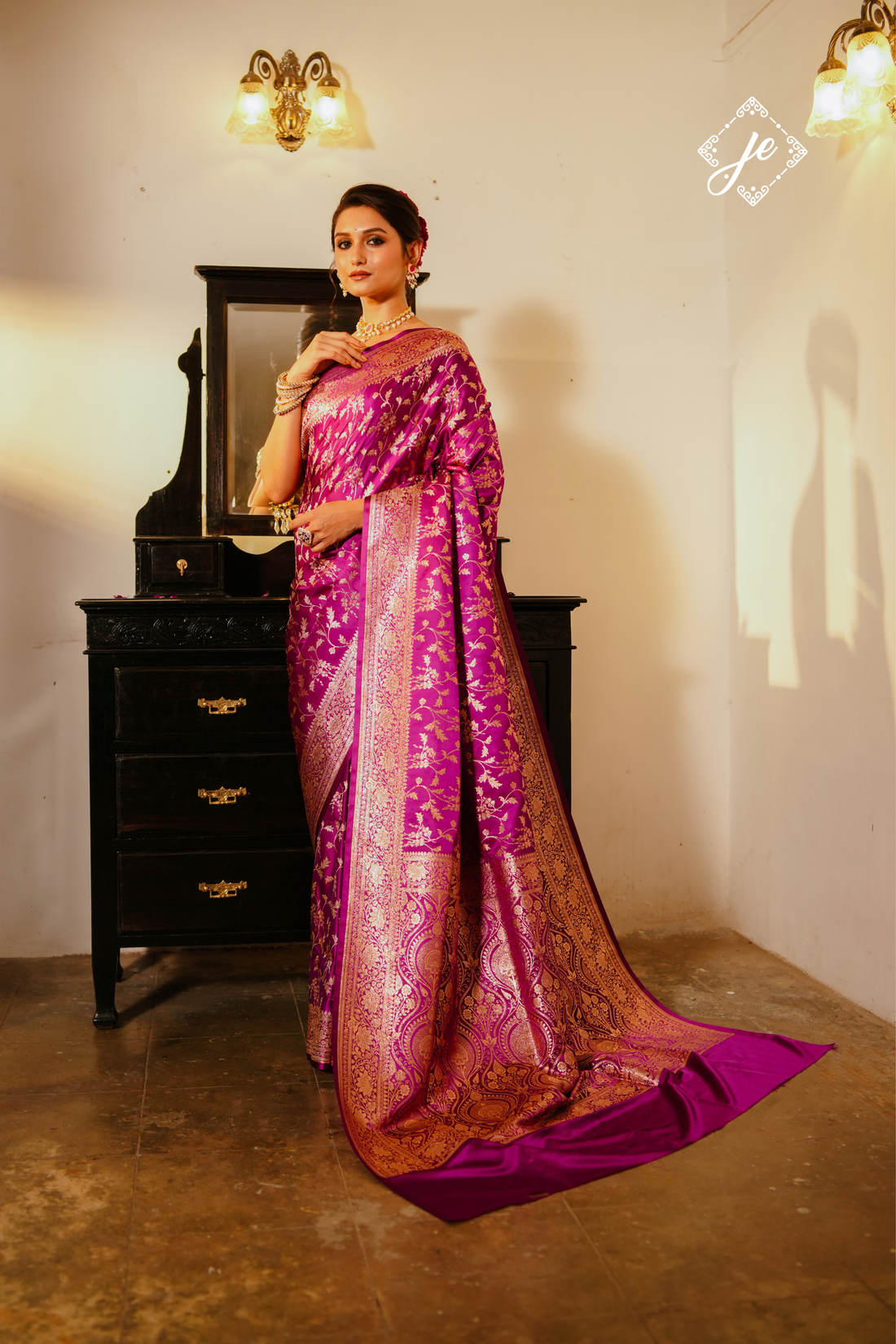 Purple Satin Silk Jaal Banarasi Saree