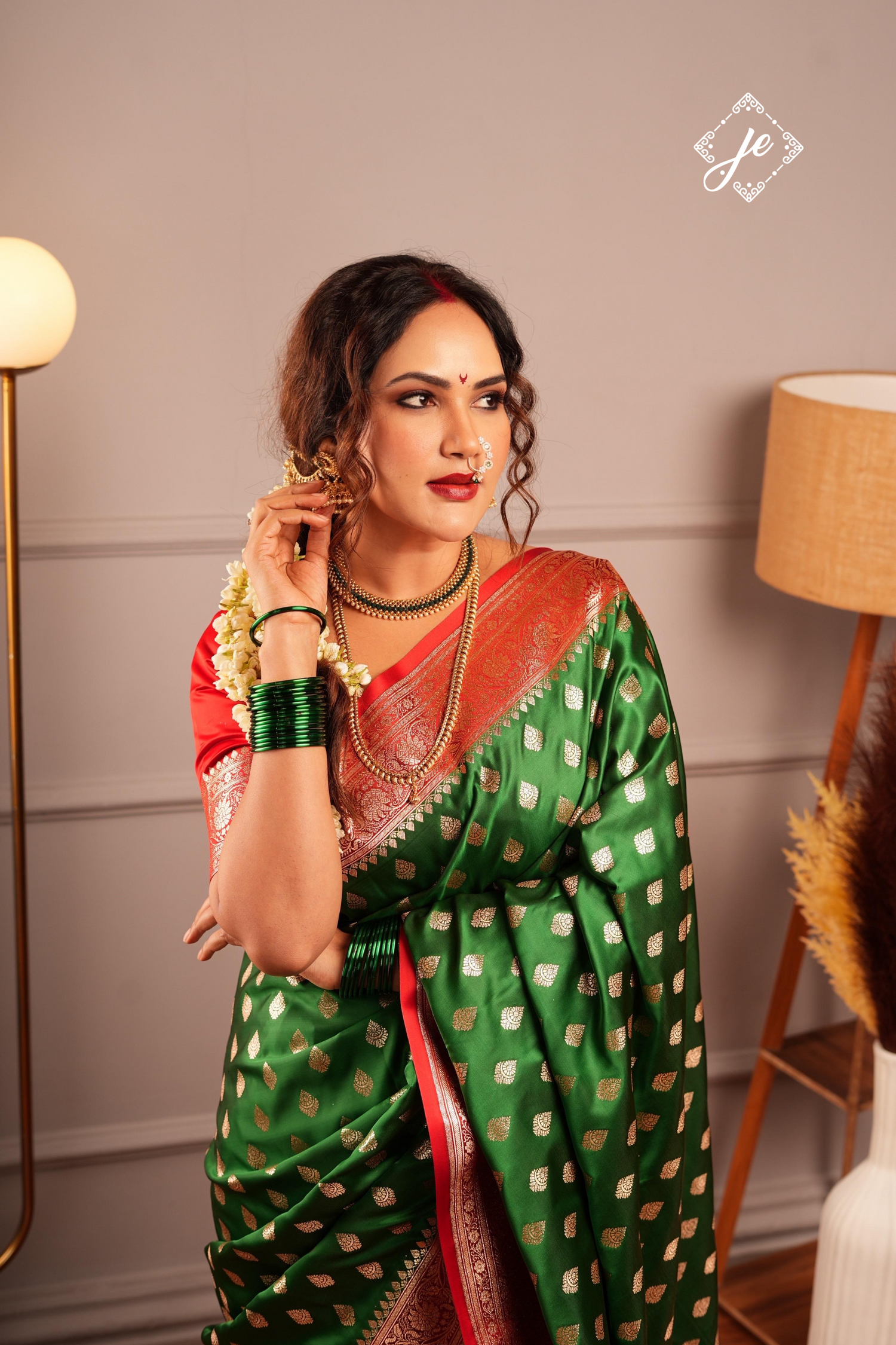 Bottle Green Satin Silk with Contrast Red Border Banarasi Saree