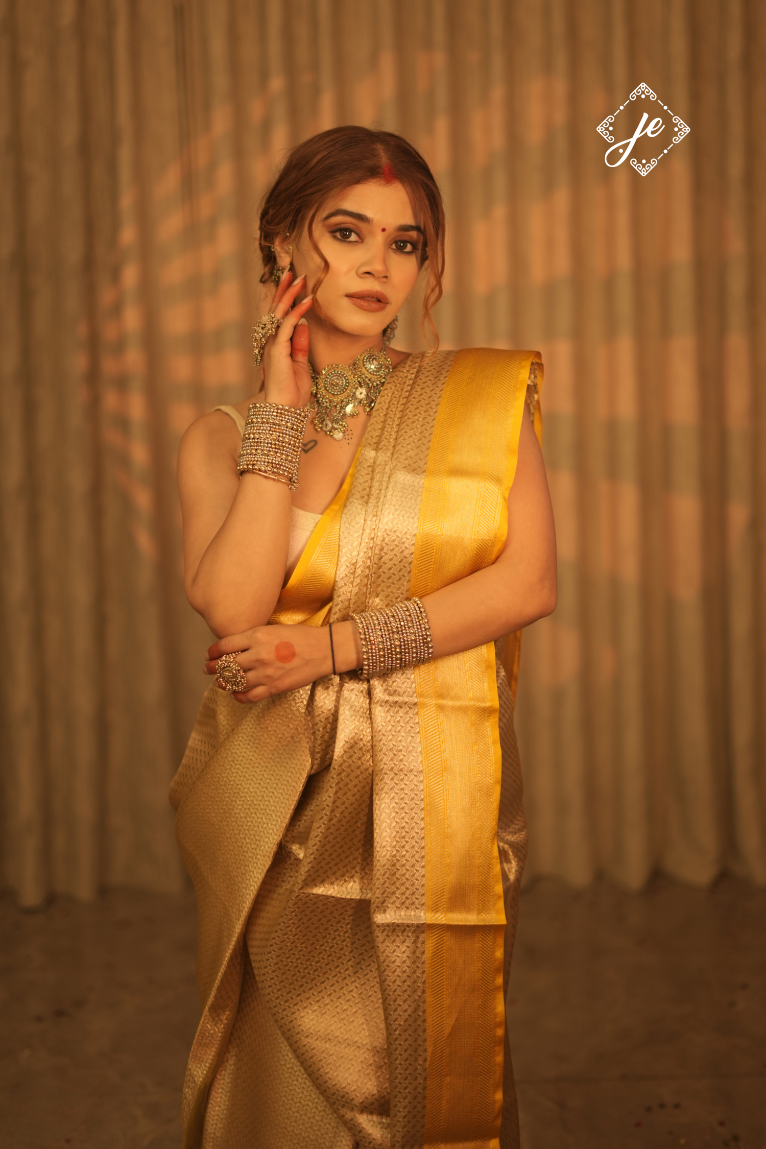 Beige Tissue Silk with Yellow Border Banarasi Saree