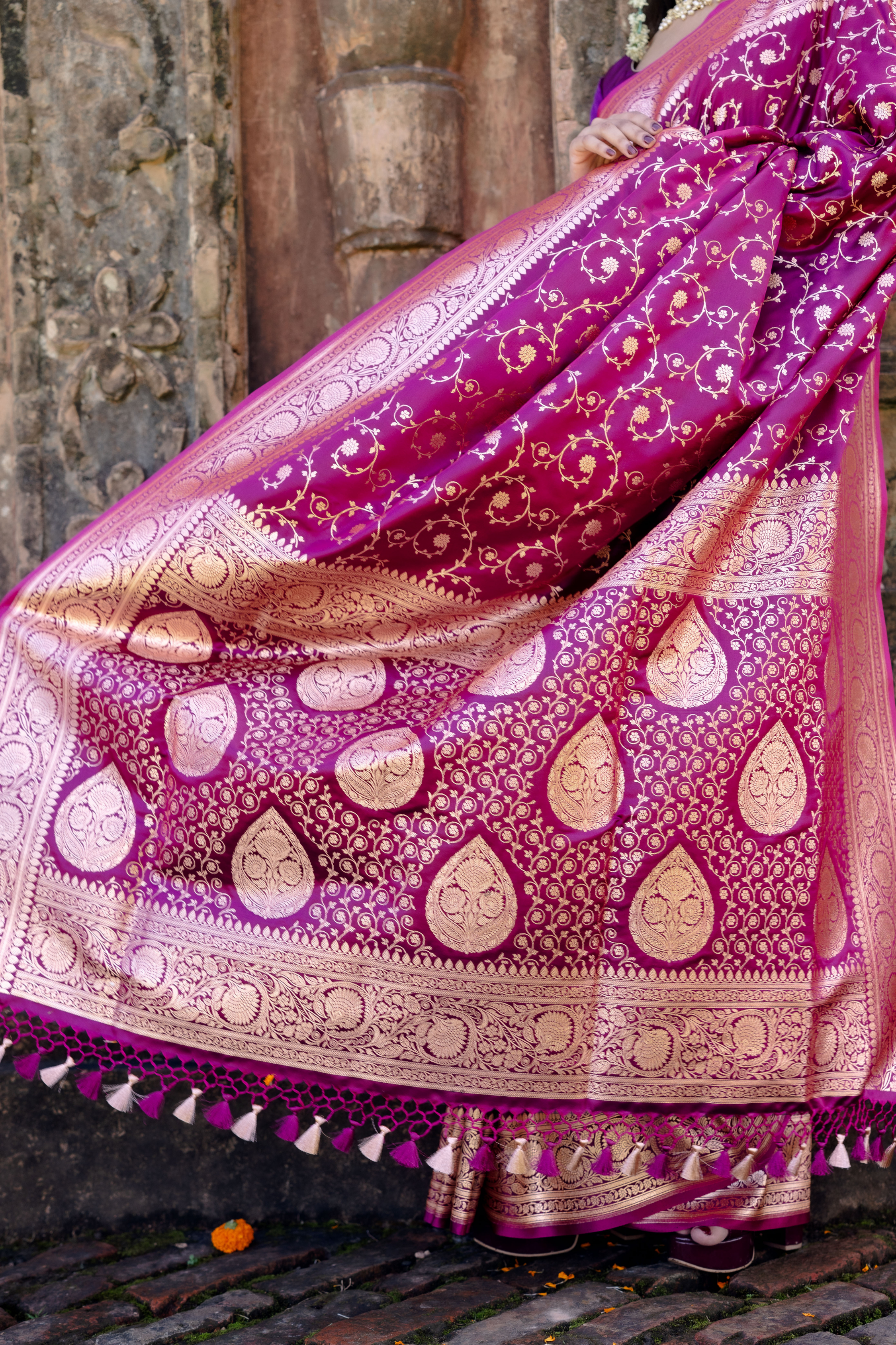 Purple Satin Silk Jaal Banarasi Saree