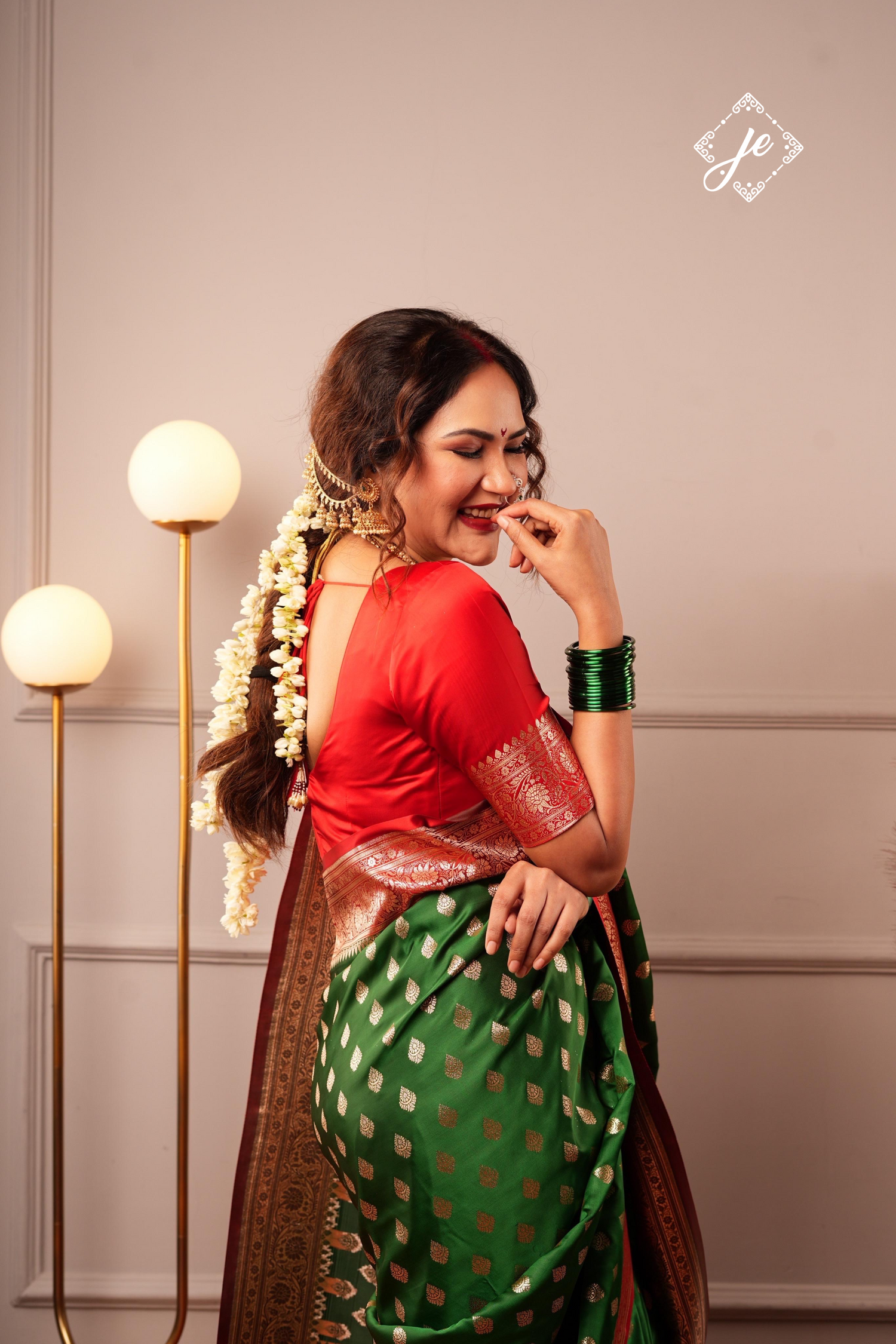 Bottle Green Satin Silk with Contrast Red Border Banarasi Saree