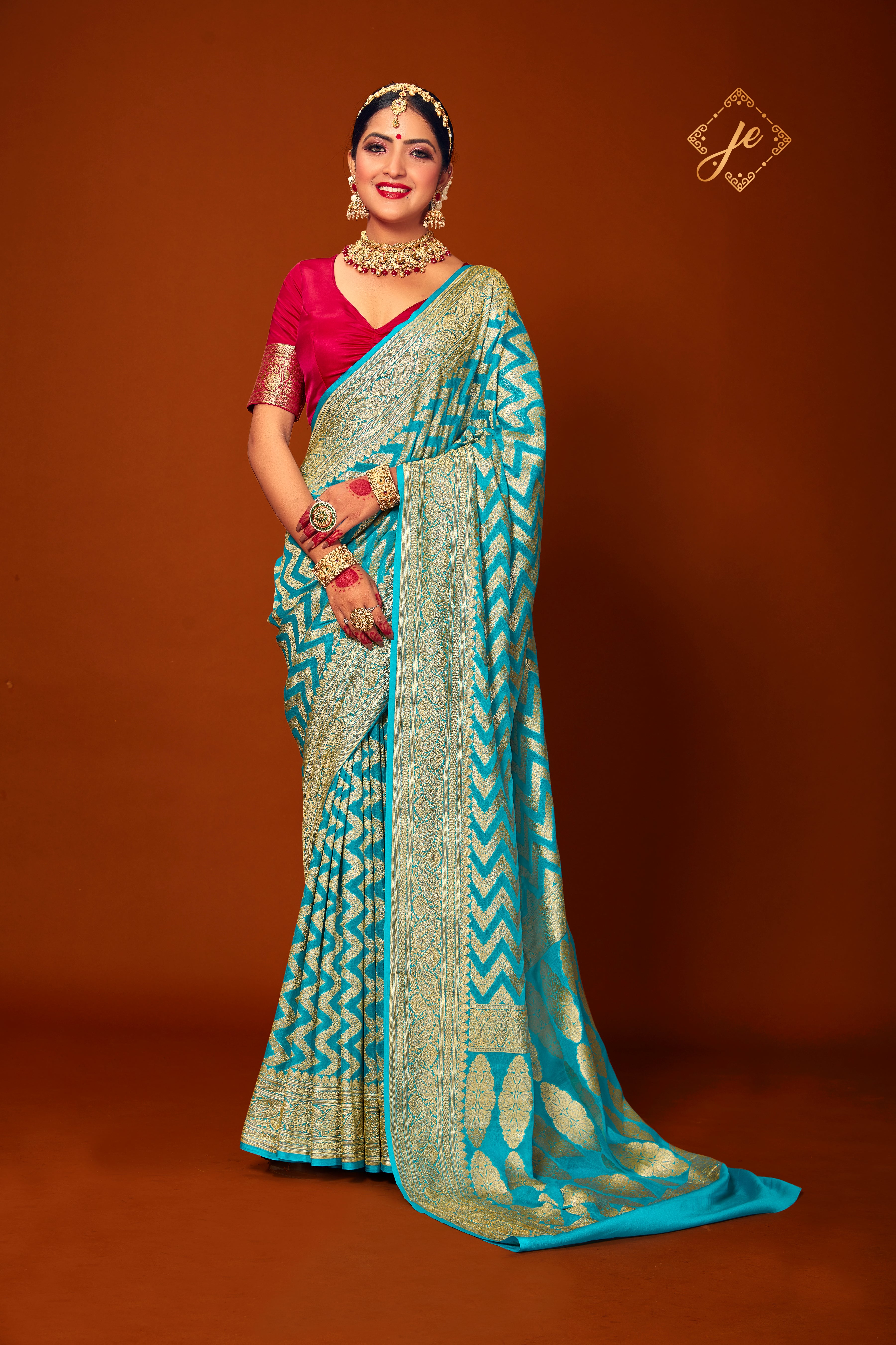 Firozi Pure Khaddi Chevron Banarasi Saree