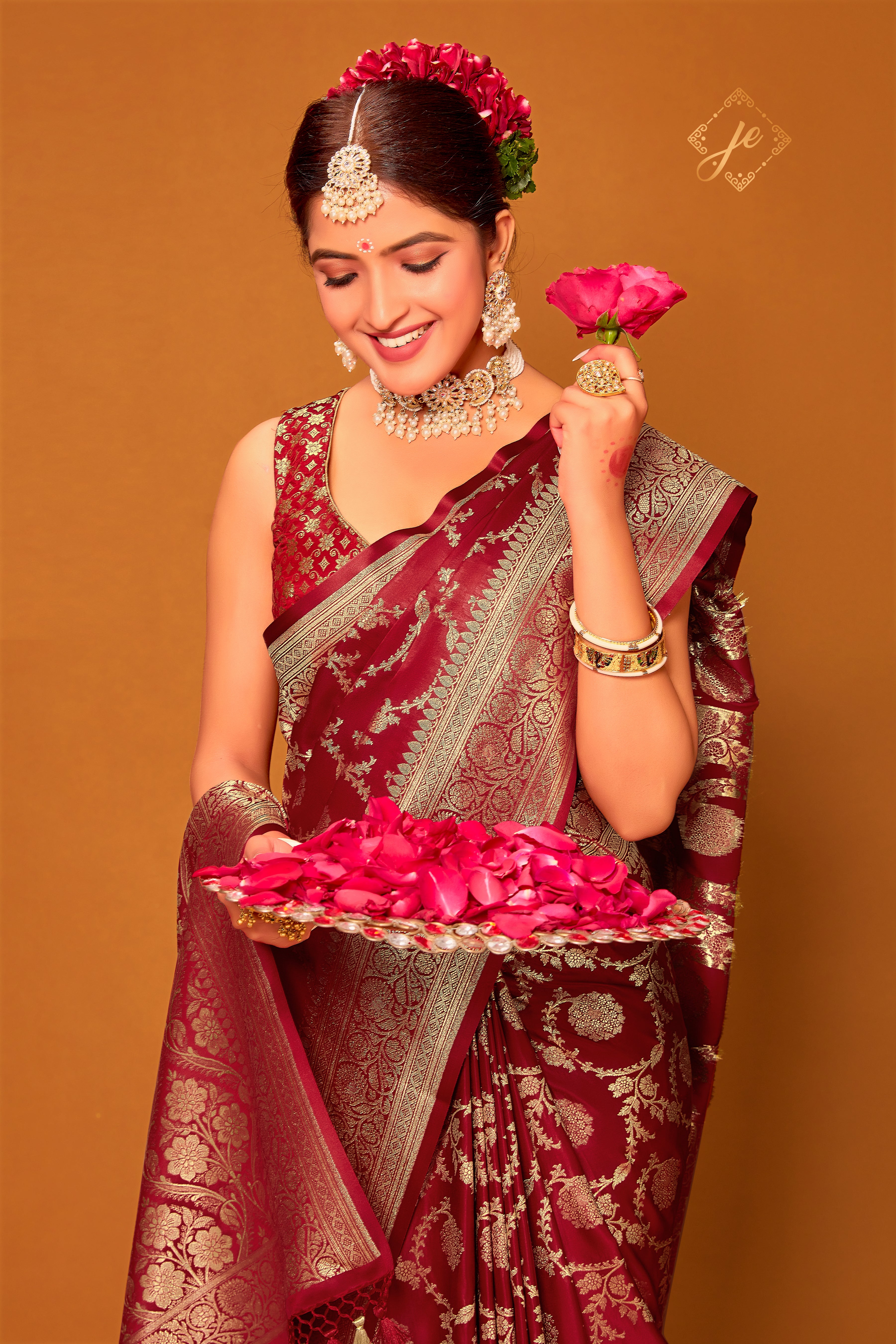 Maroon Satin Silk Jaal Banarasi Saree