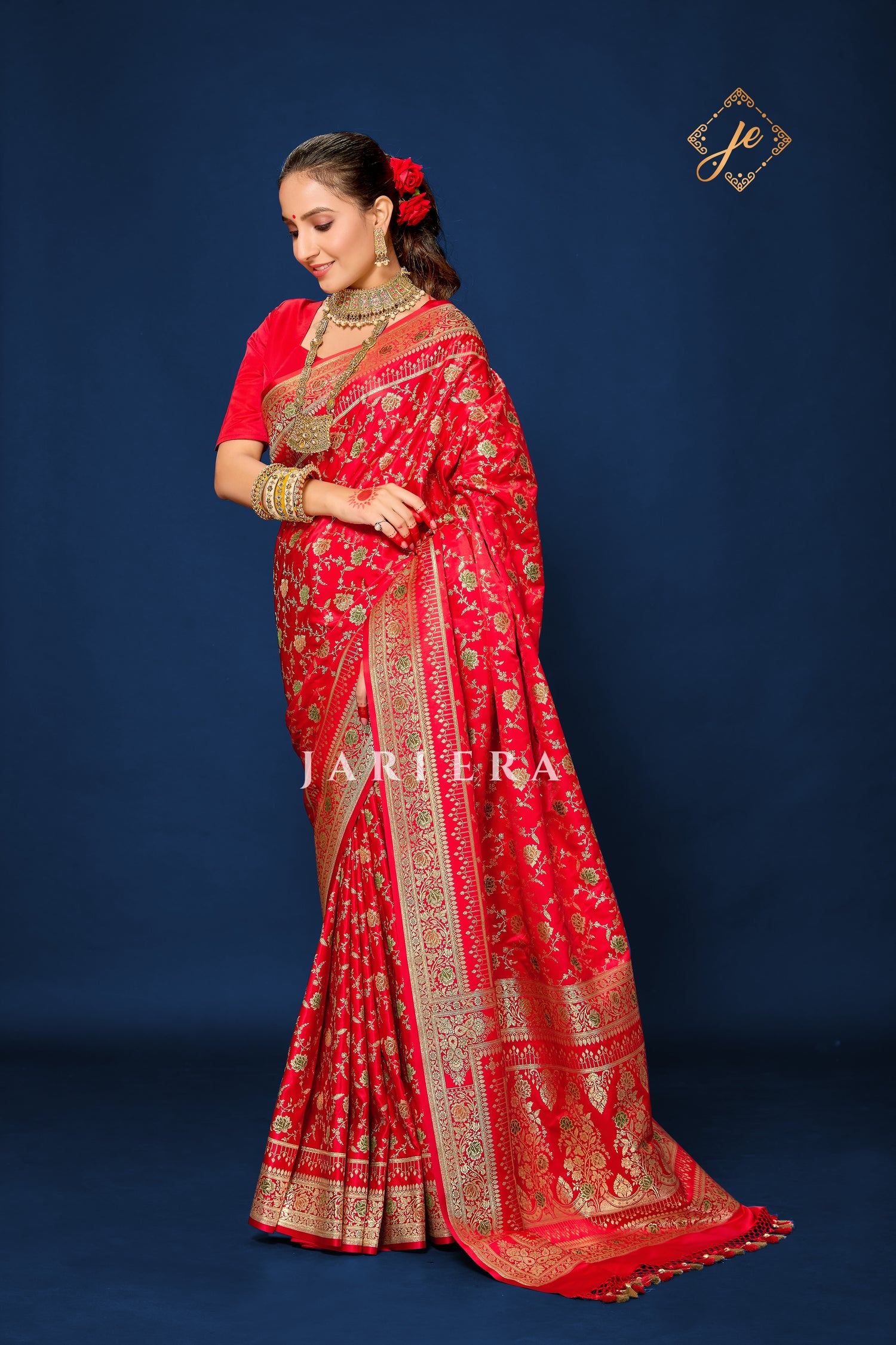 Red Satin Silk Meenakari Jaal Banarasi Saree