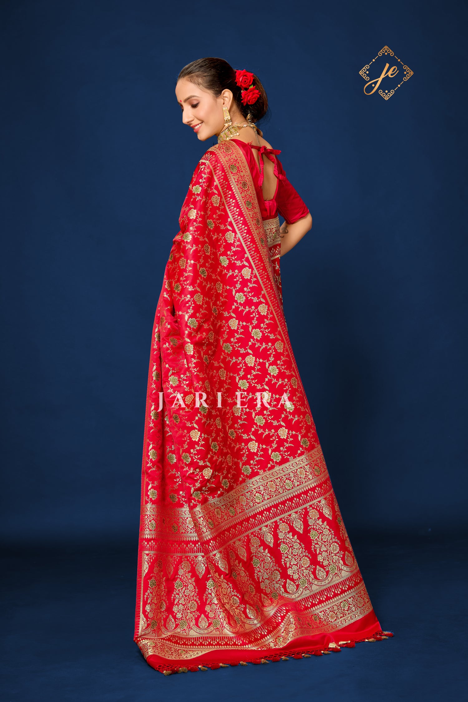 Red Satin Silk Meenakari Jaal Banarasi Saree