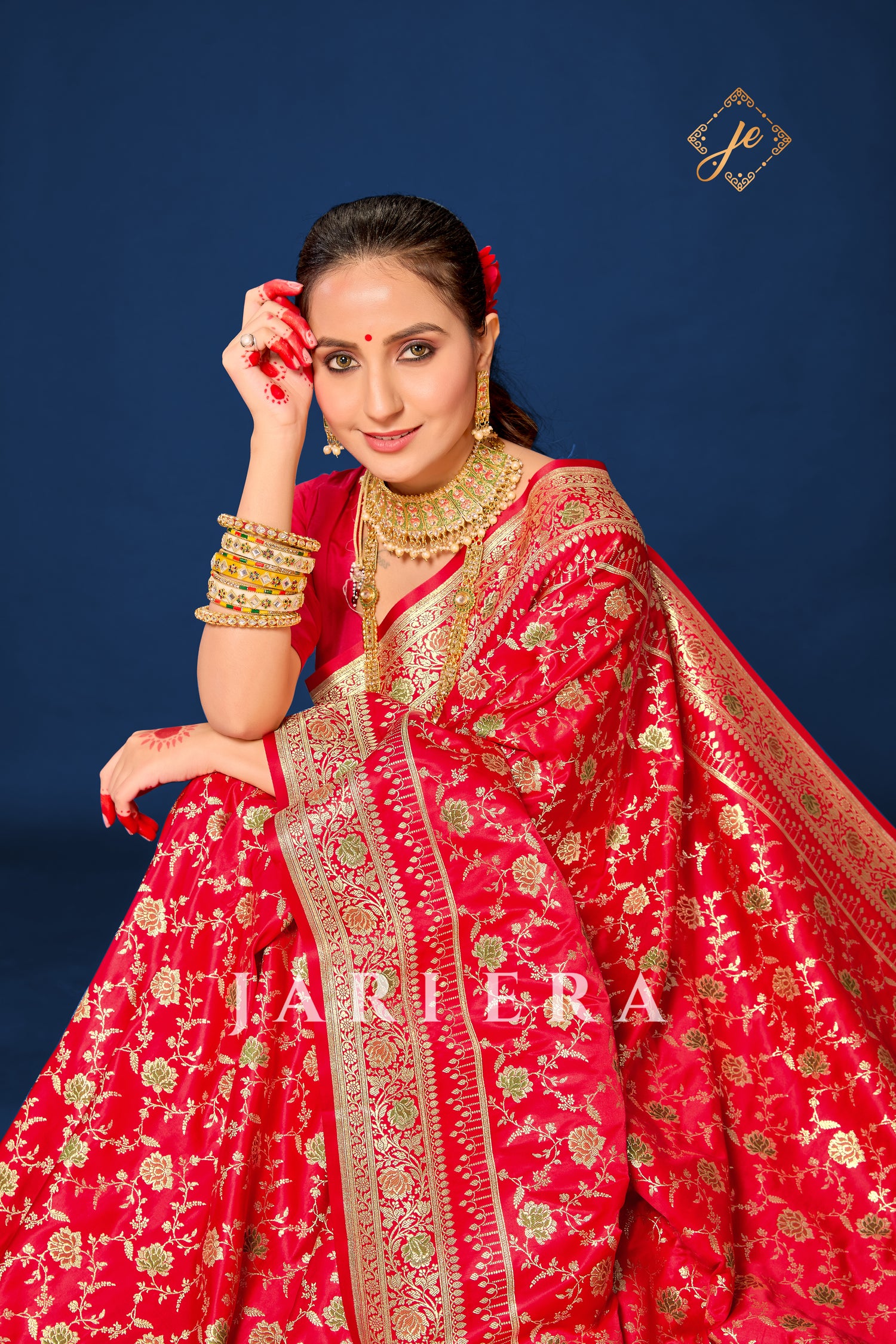 Red Satin Silk Meenakari Jaal Banarasi Saree