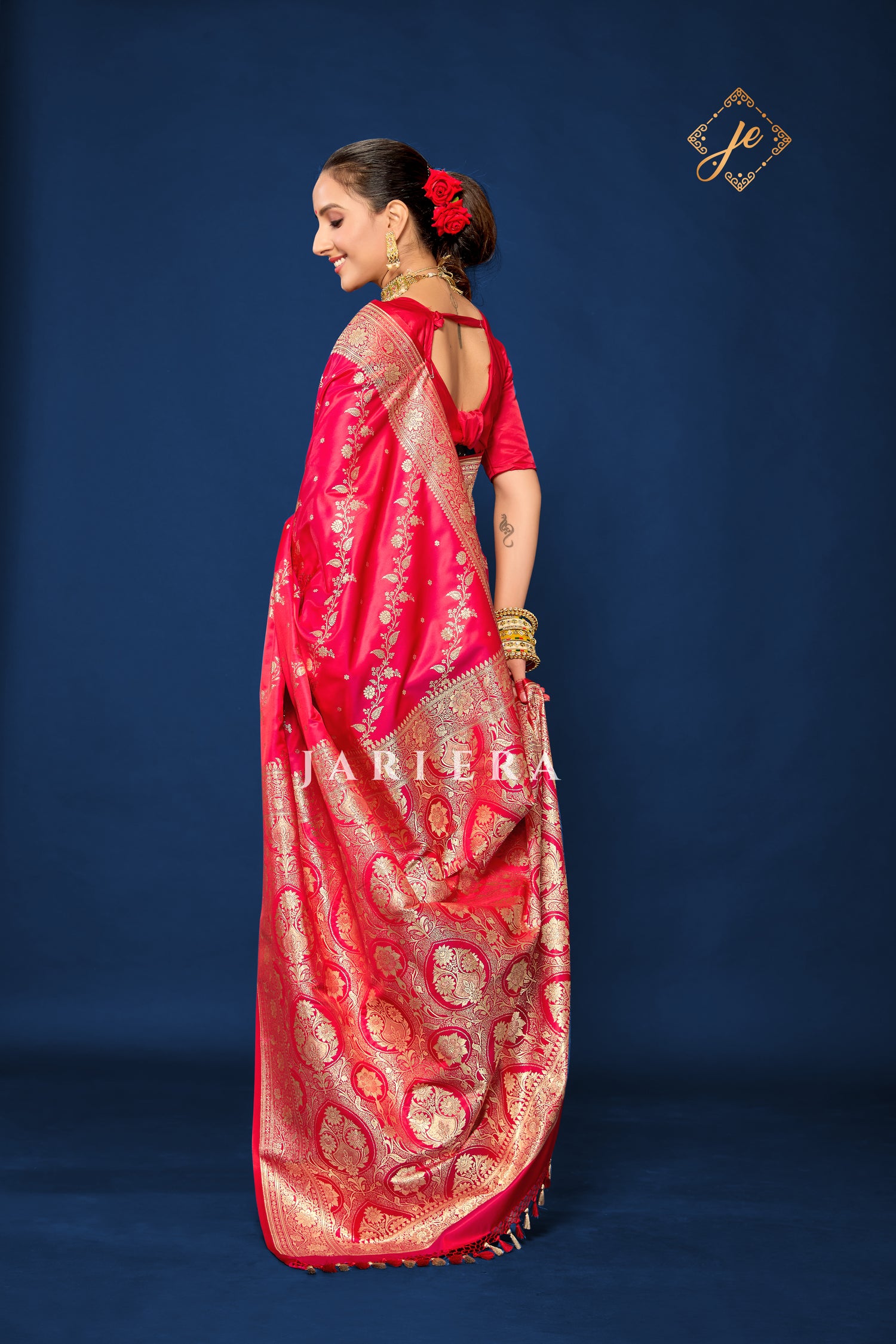 Dual Tone Red Satin Silk Leheriya Banarasi Saree