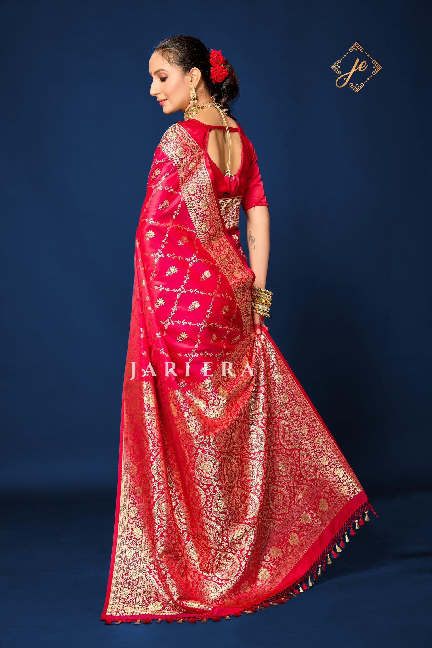 Red Satin Jaal Banarasi Saree