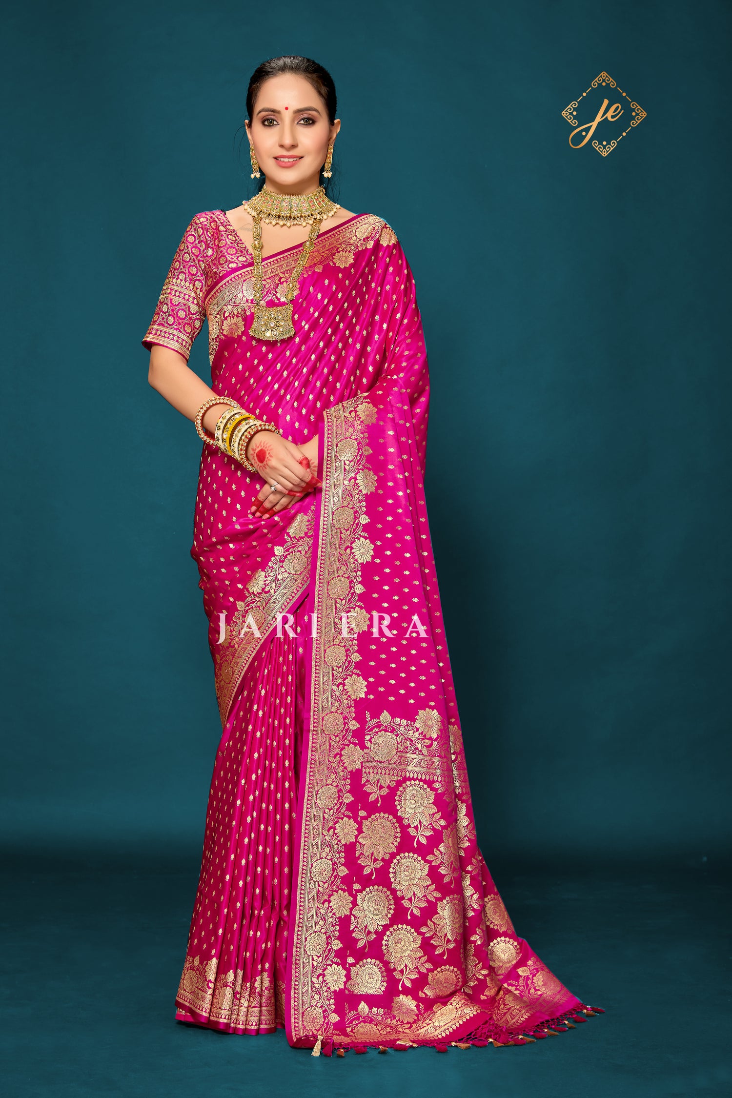 Rani Pink Open Border Satin Silk Buti Banarasi Saree