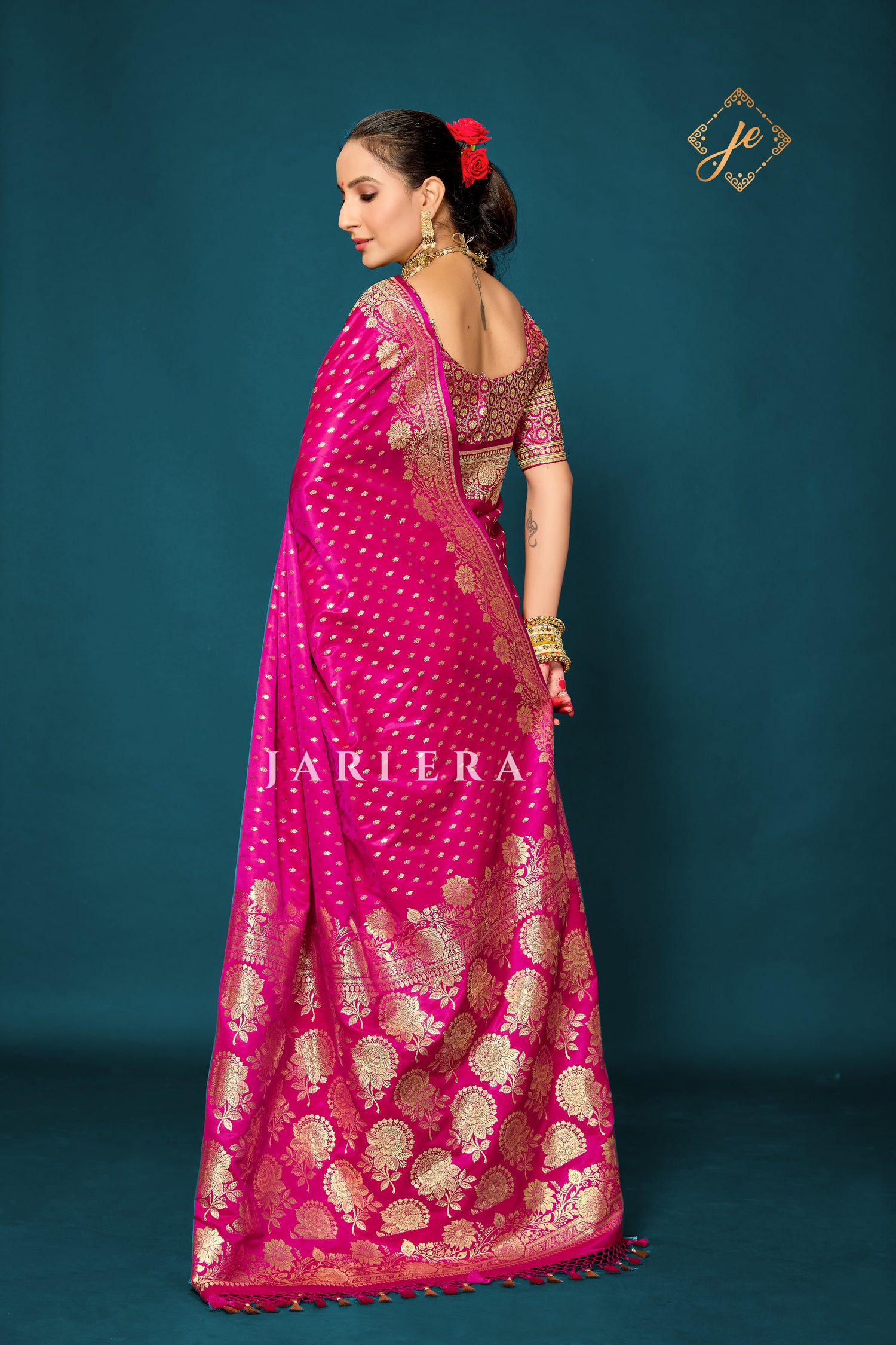 Rani Pink Open Border Satin Silk Buti Banarasi Saree