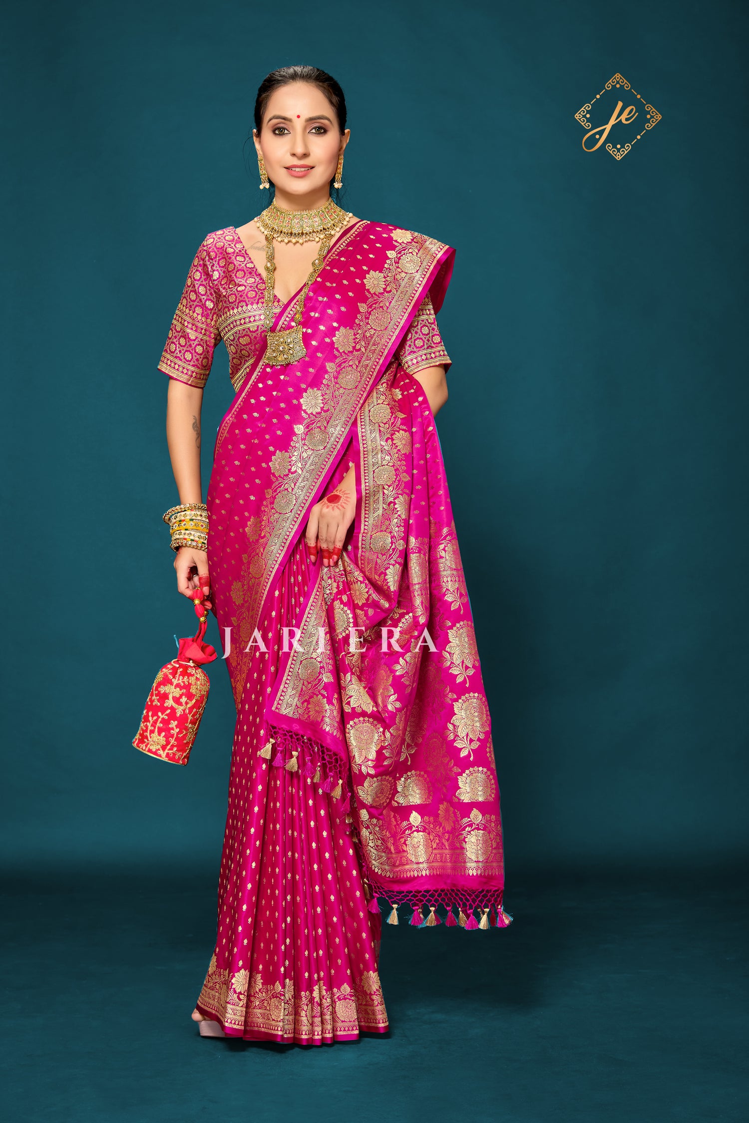 Rani Pink Open Border Satin Silk Buti Banarasi Saree
