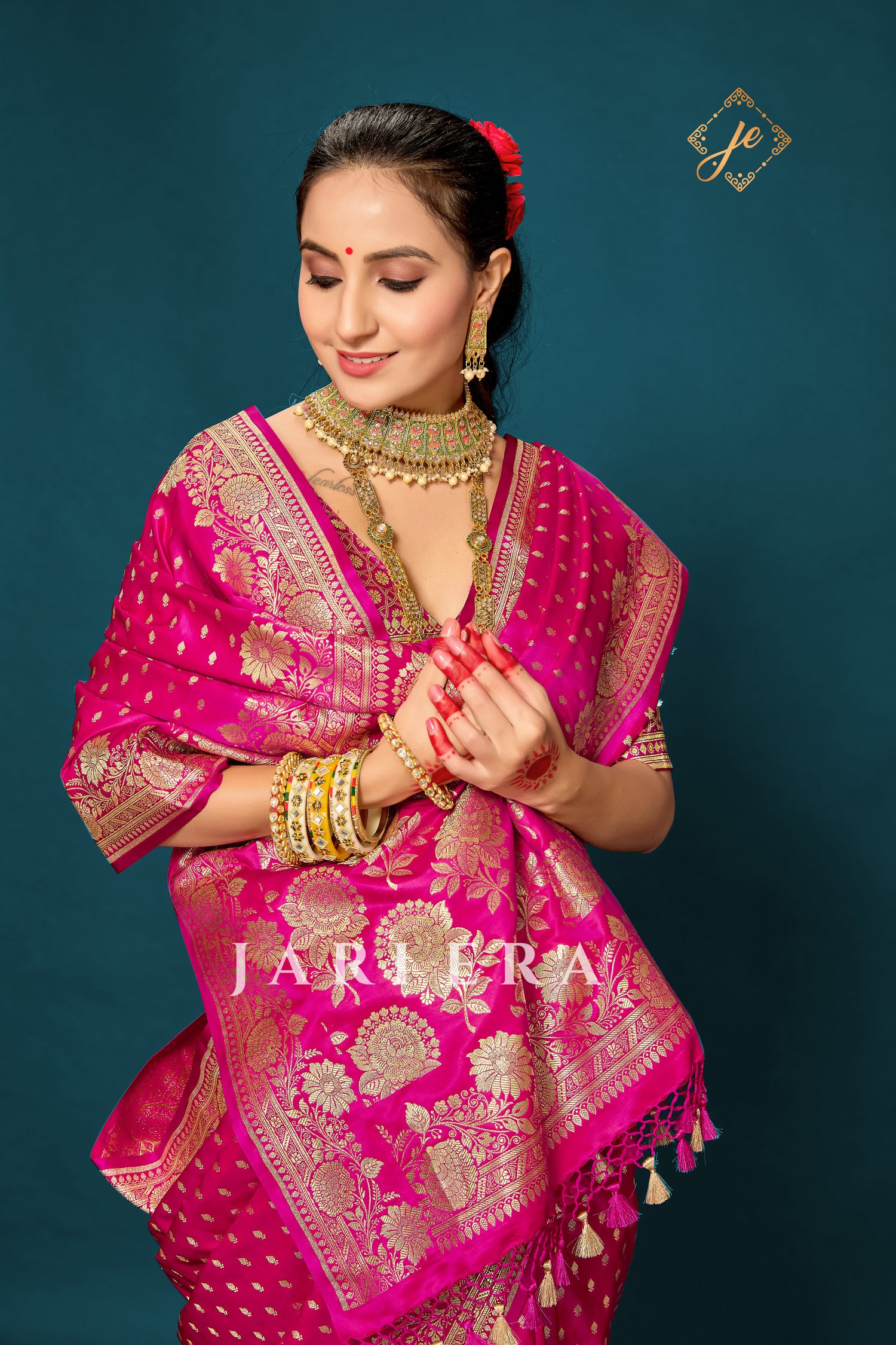 Rani Pink Open Border Satin Silk Buti Banarasi Saree