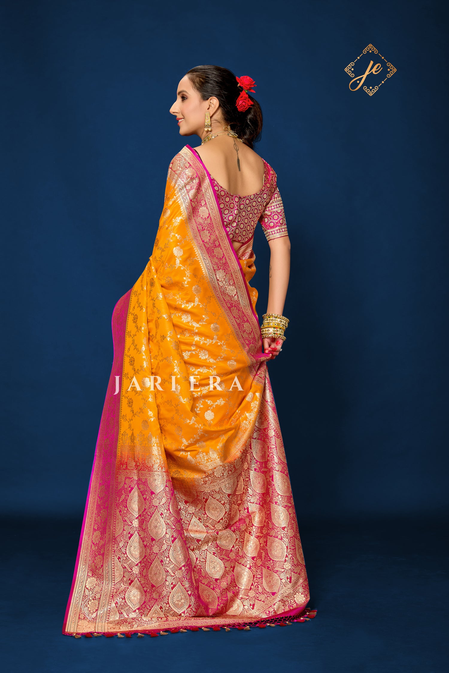Mustard Yellow with Contrast Rani Pink Border Banarasi Saree