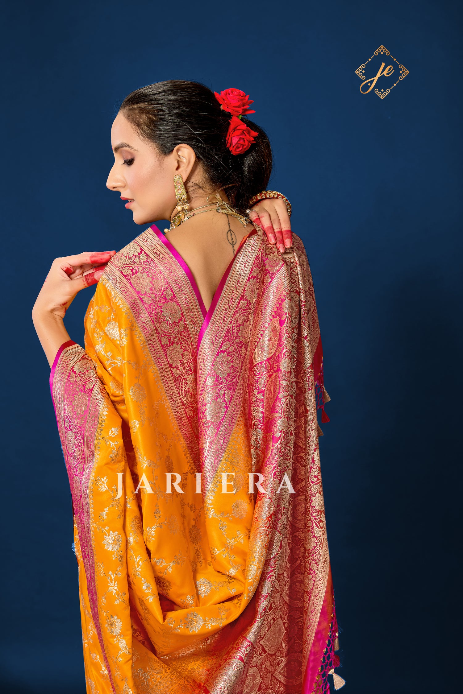 Mustard Yellow with Contrast Rani Pink Border Banarasi Saree