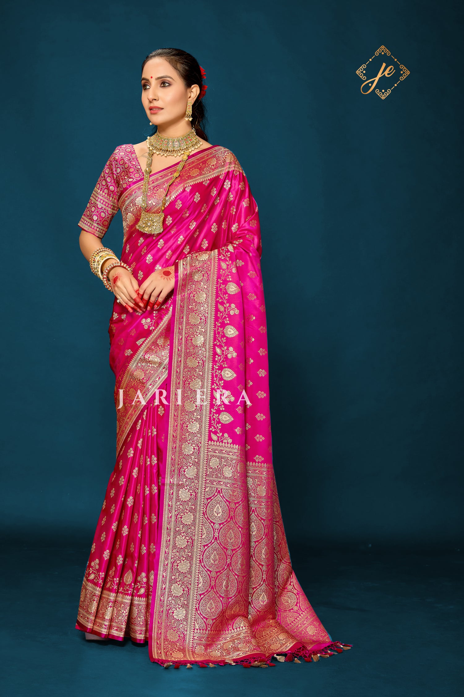 Rani Pink Satin Silk Buti Banarasi Saree