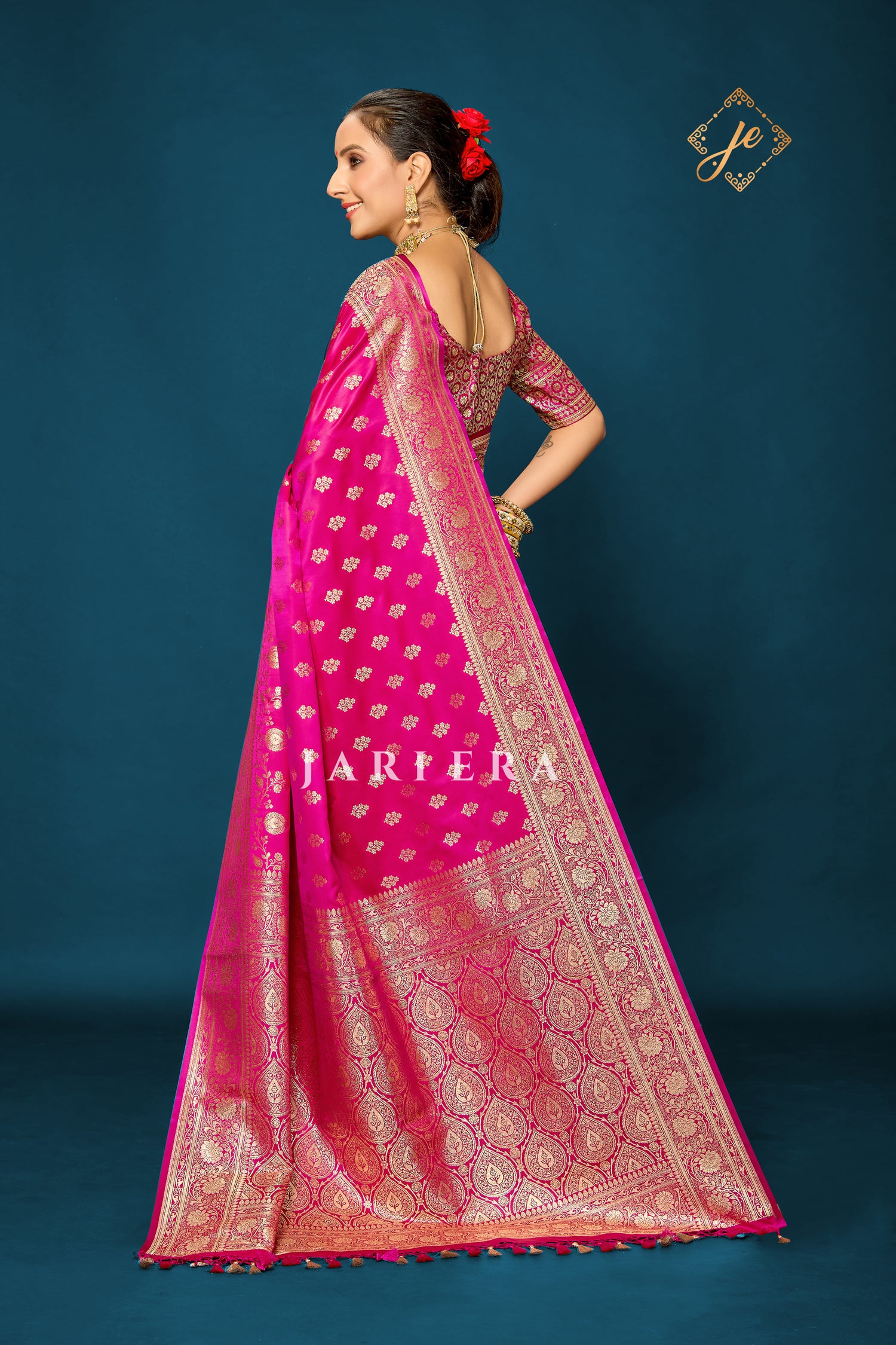 Rani Pink Satin Silk Buti Banarasi Saree