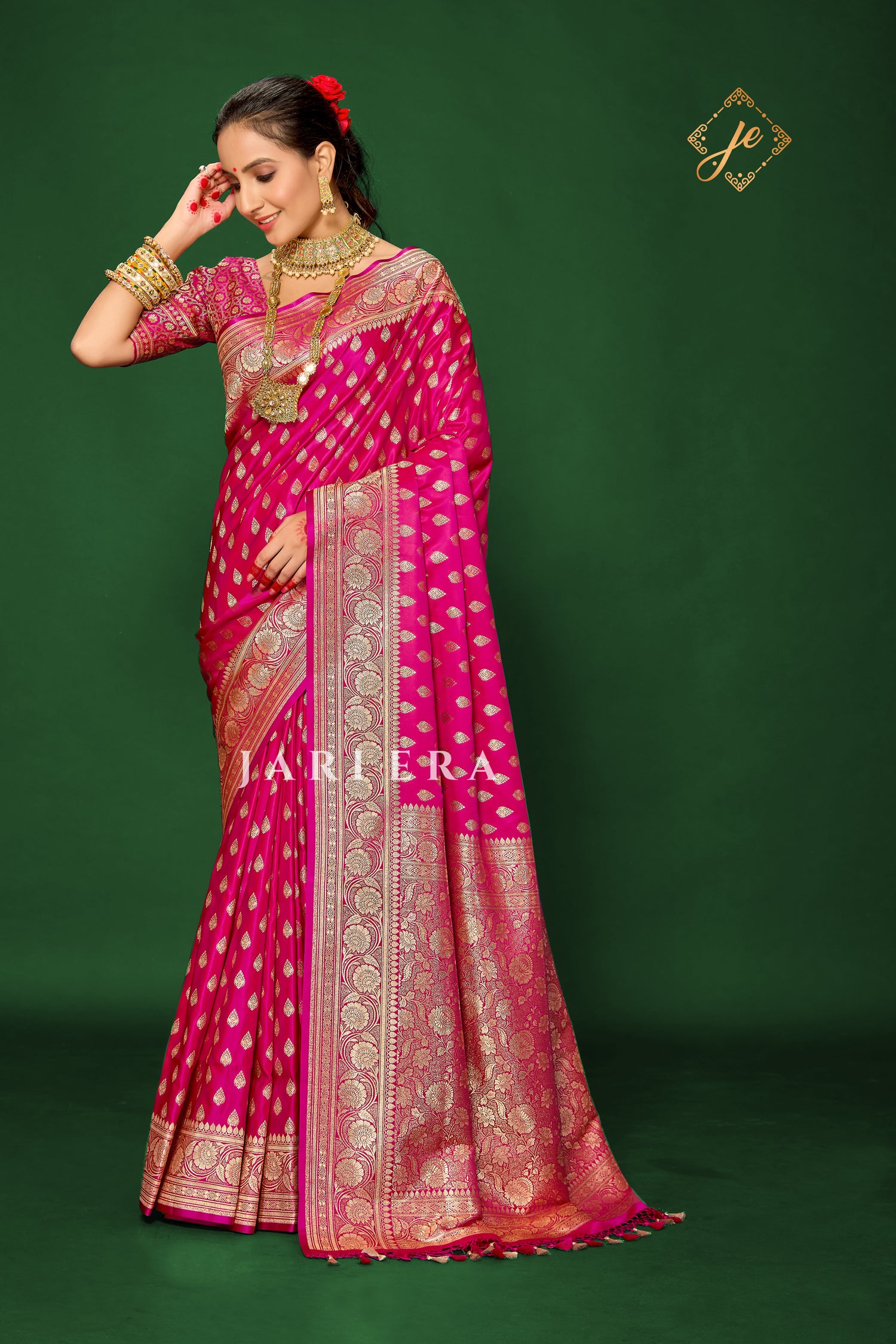 Rani Pink Satin Silk Buti Banarasi Saree