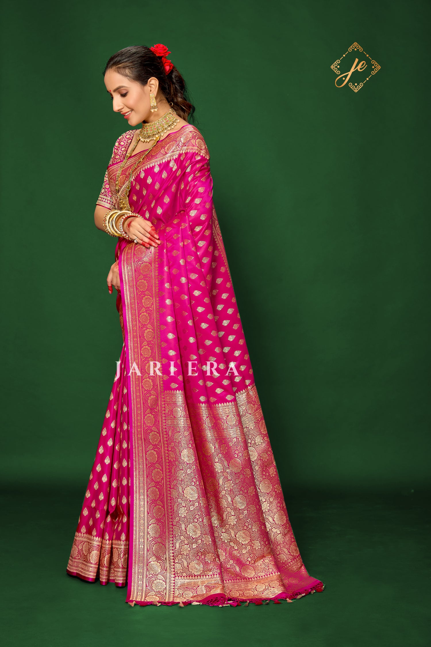Rani Pink Satin Silk Buti Banarasi Saree