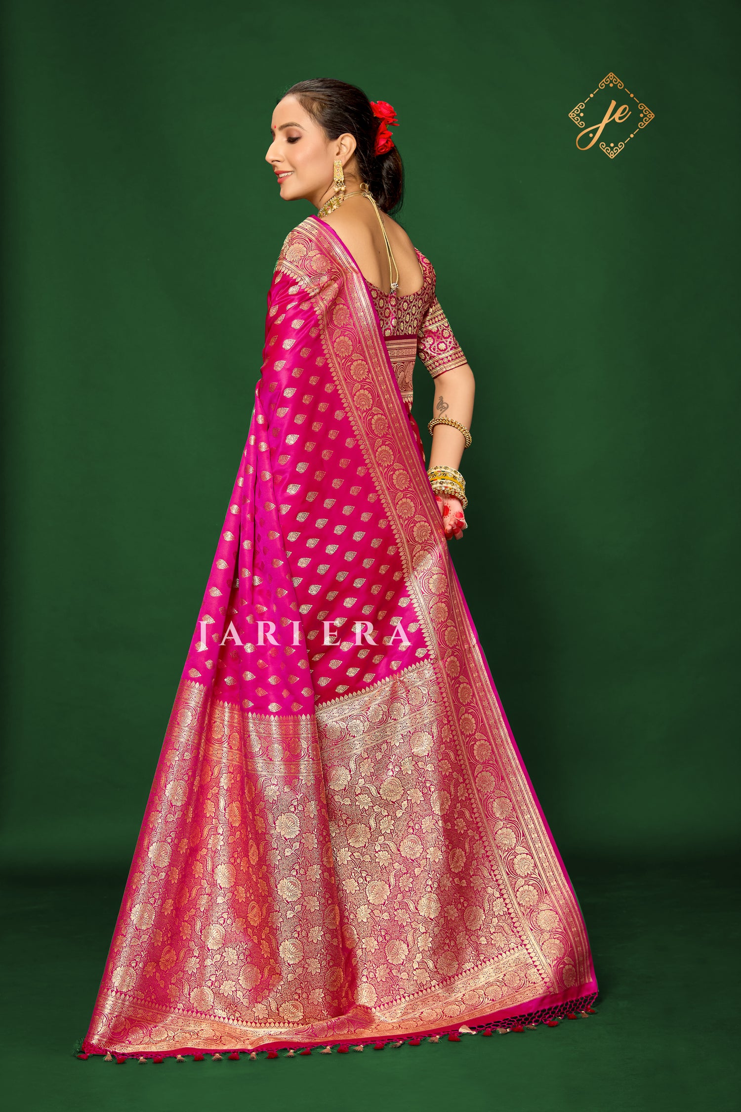 Rani Pink Satin Silk Buti Banarasi Saree
