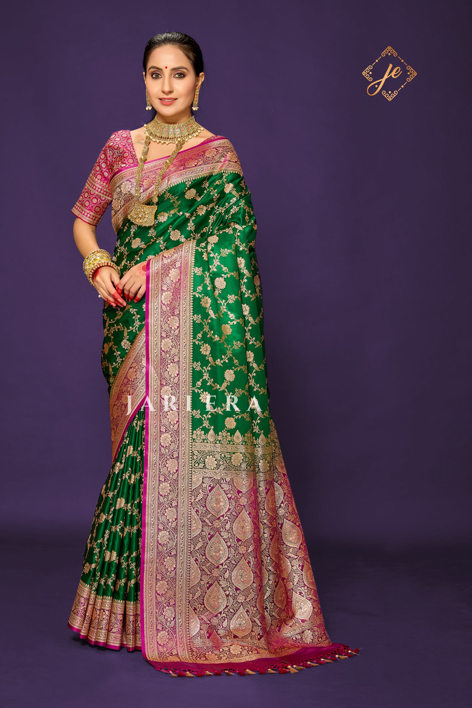 Bottle Green Satin Silk with Contrast Rani Pink Border Banarasi Saree