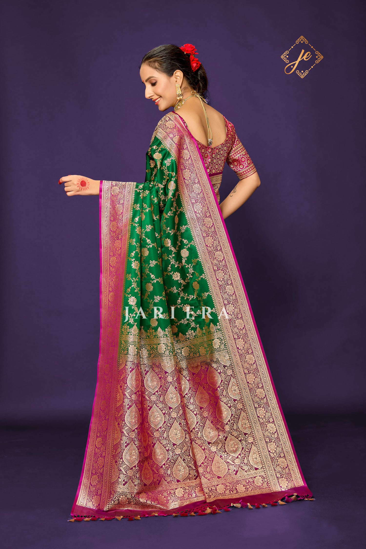 Bottle Green Satin Silk with Contrast Rani Pink Border Banarasi Saree