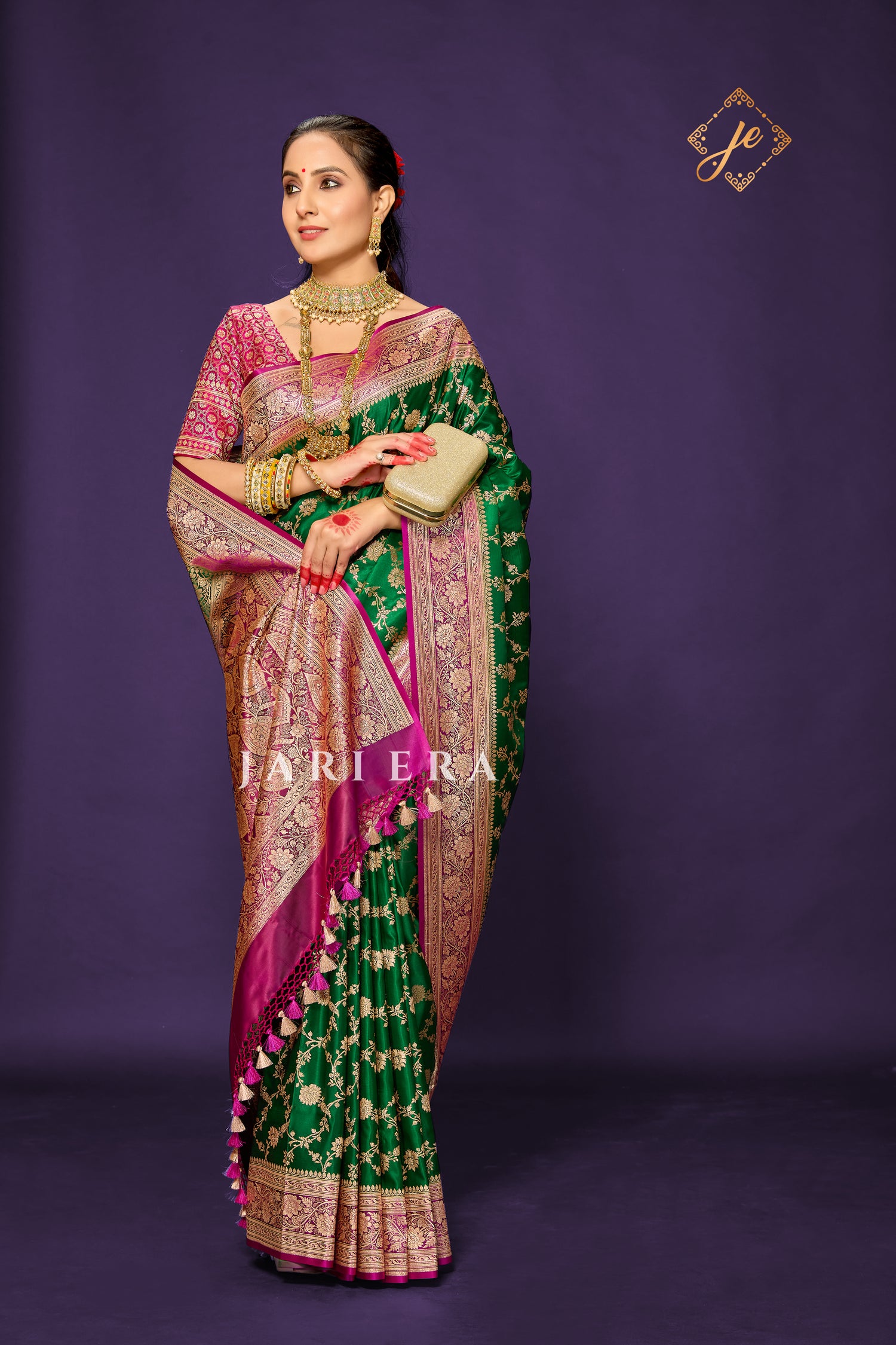 Bottle Green Satin Silk with Contrast Rani Pink Border Banarasi Saree