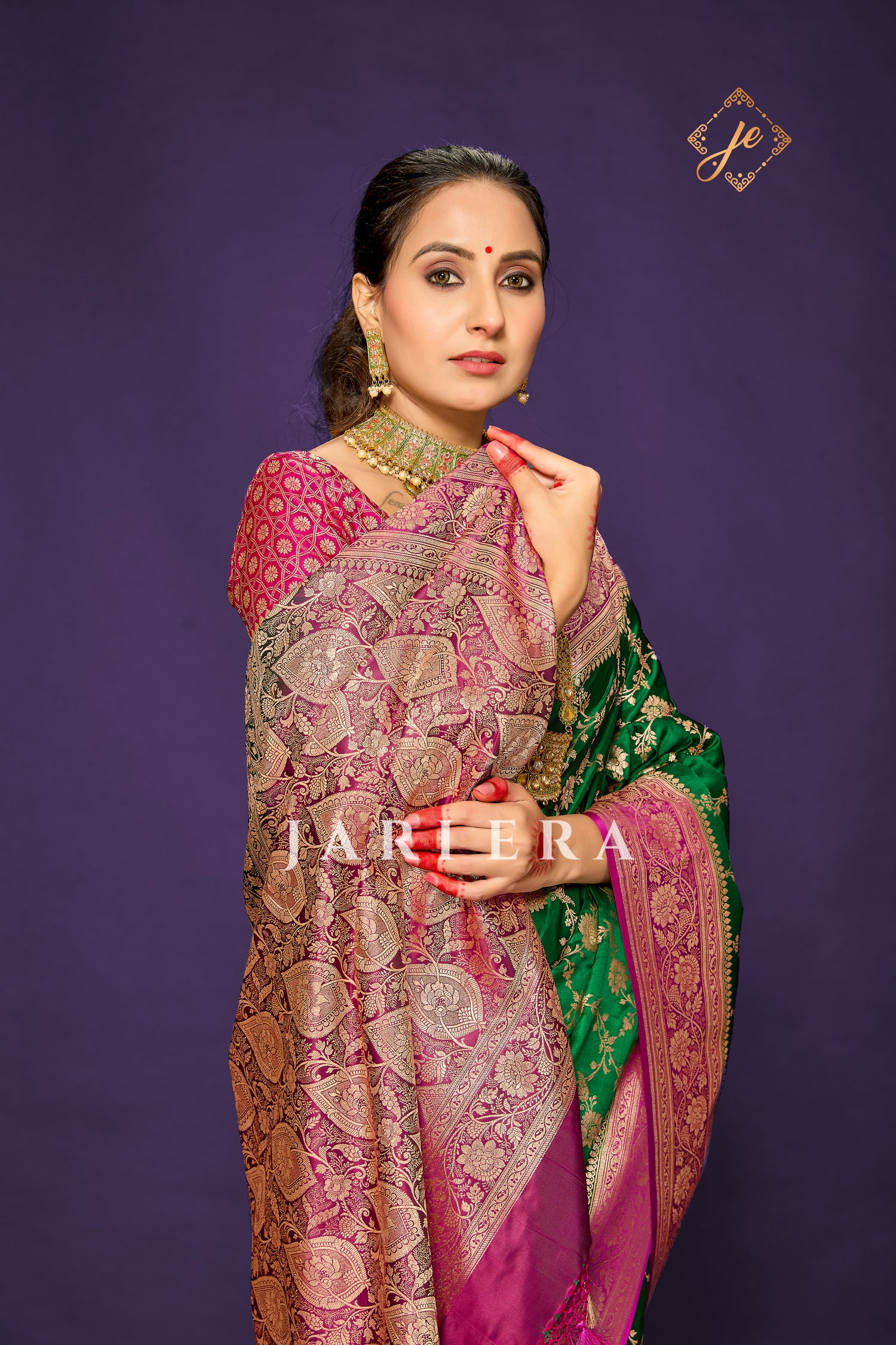 Bottle Green Satin Silk with Contrast Rani Pink Border Banarasi Saree