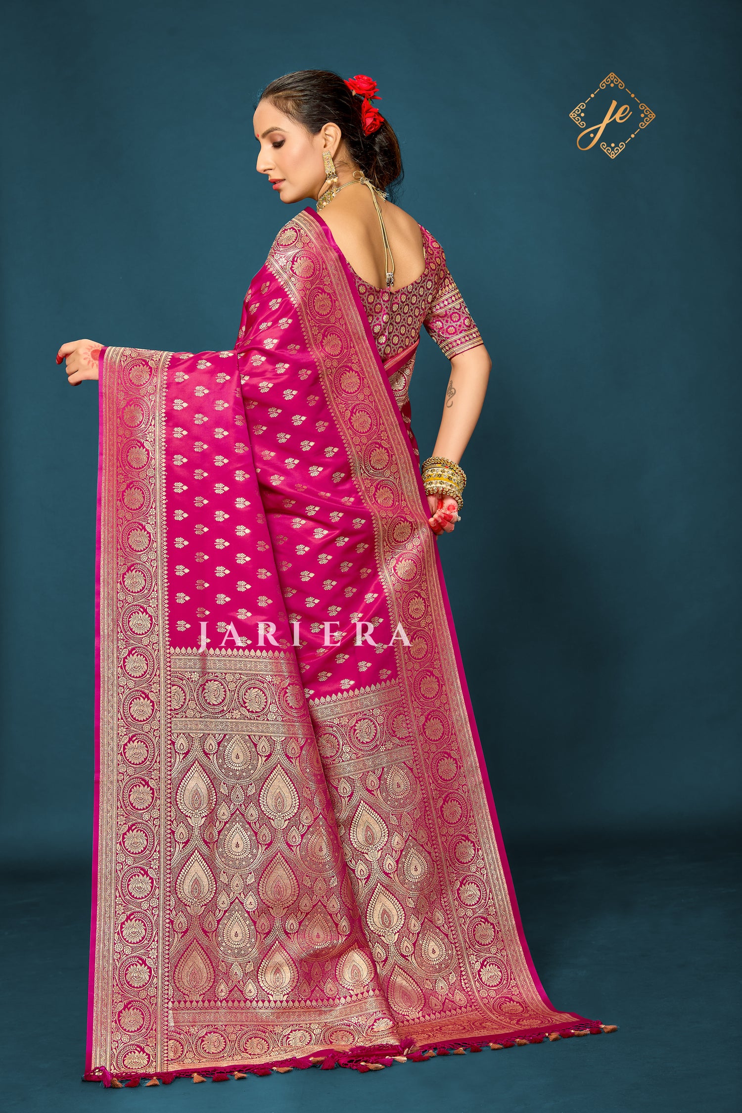 Rani Pink Satin Silk Buti Banarasi Saree