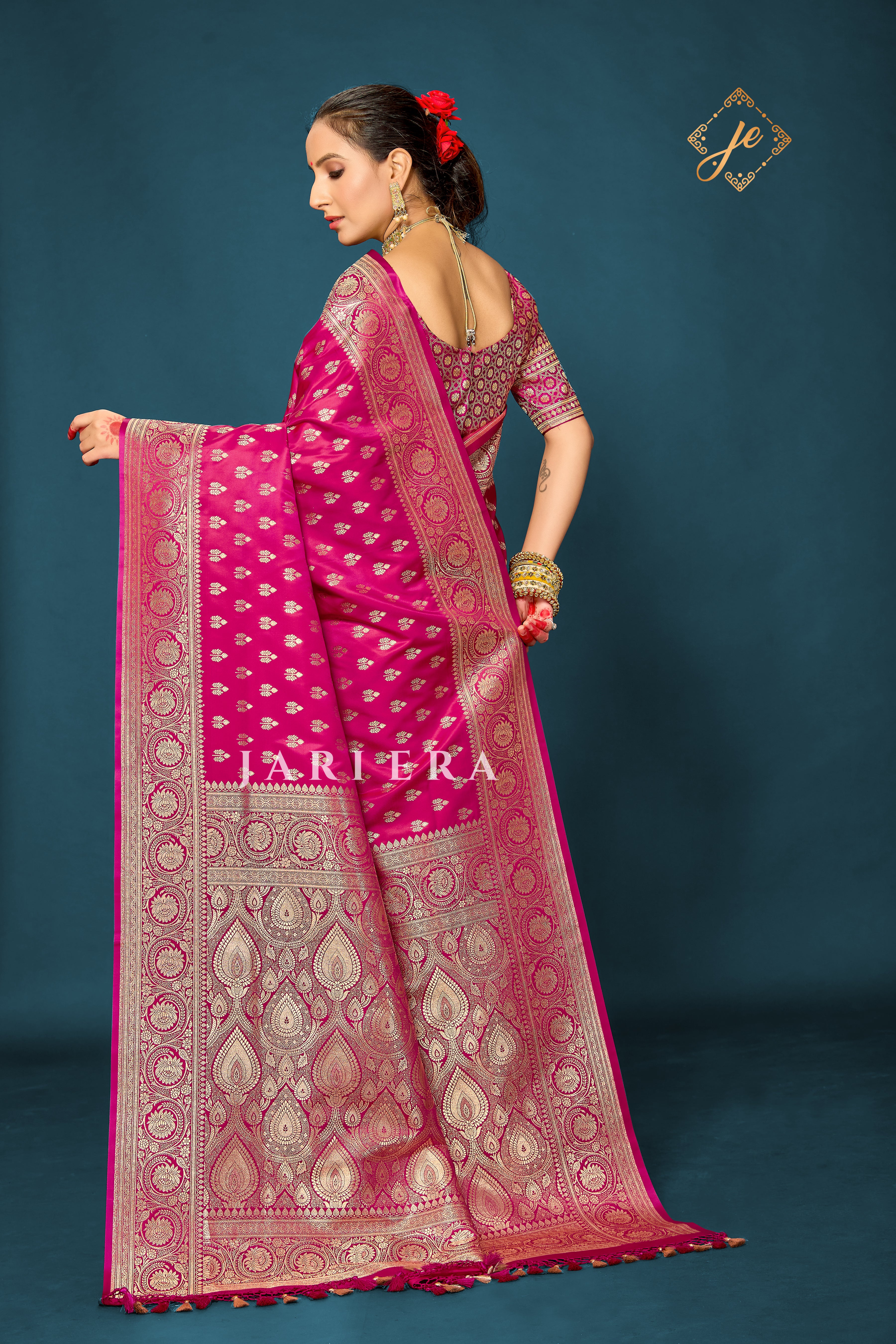 Rani Pink Satin Silk Buti Banarasi Saree
