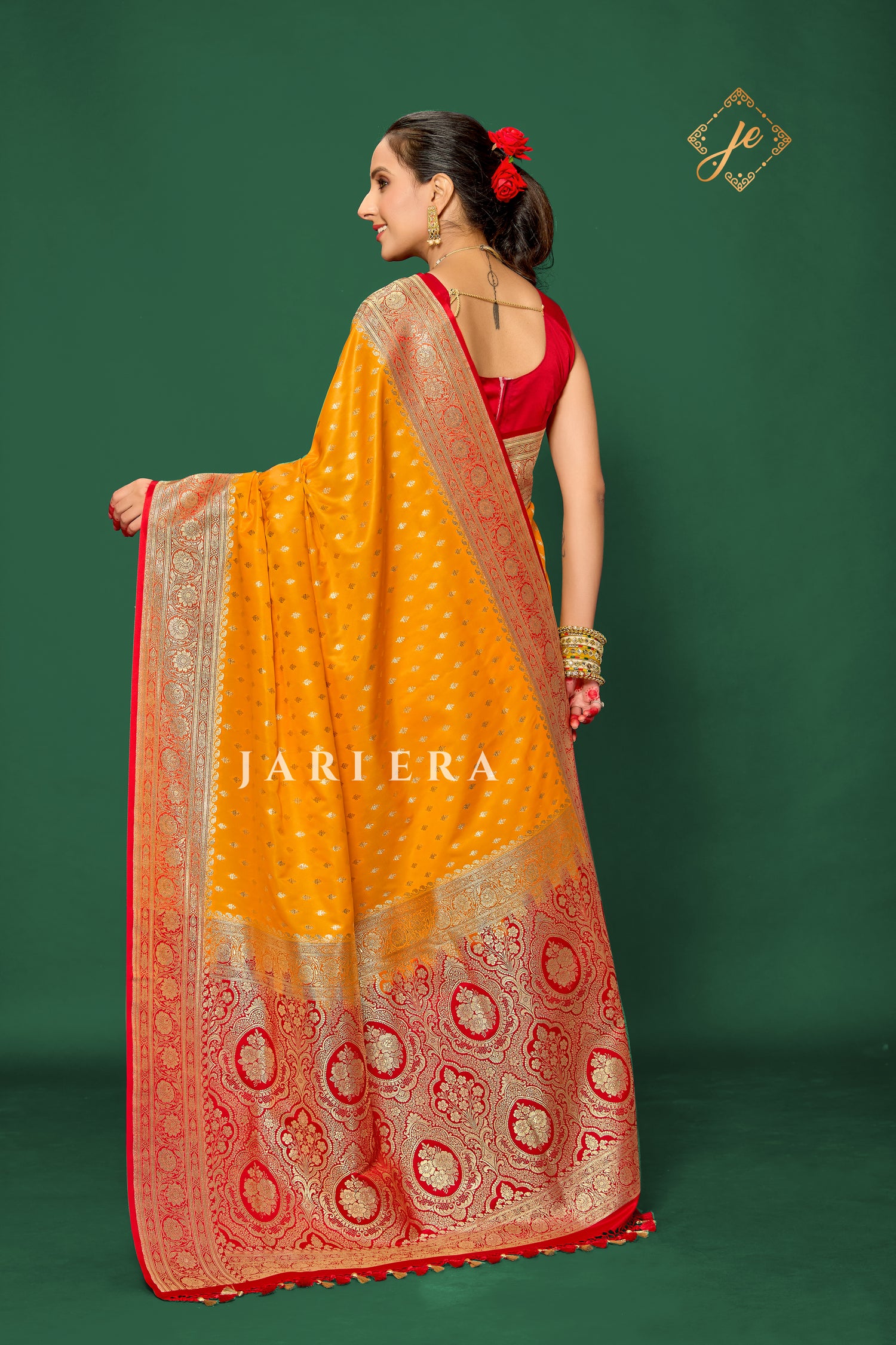 Mango Yellow Satin Silk with Contrast Red Border Banarasi Saree