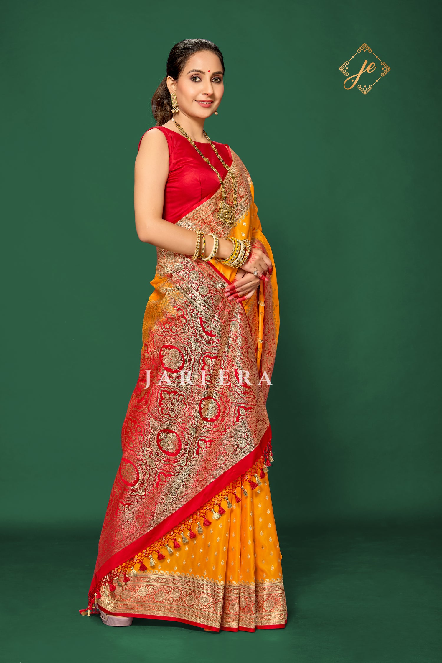 Mango Yellow Satin Silk with Contrast Red Border Banarasi Saree